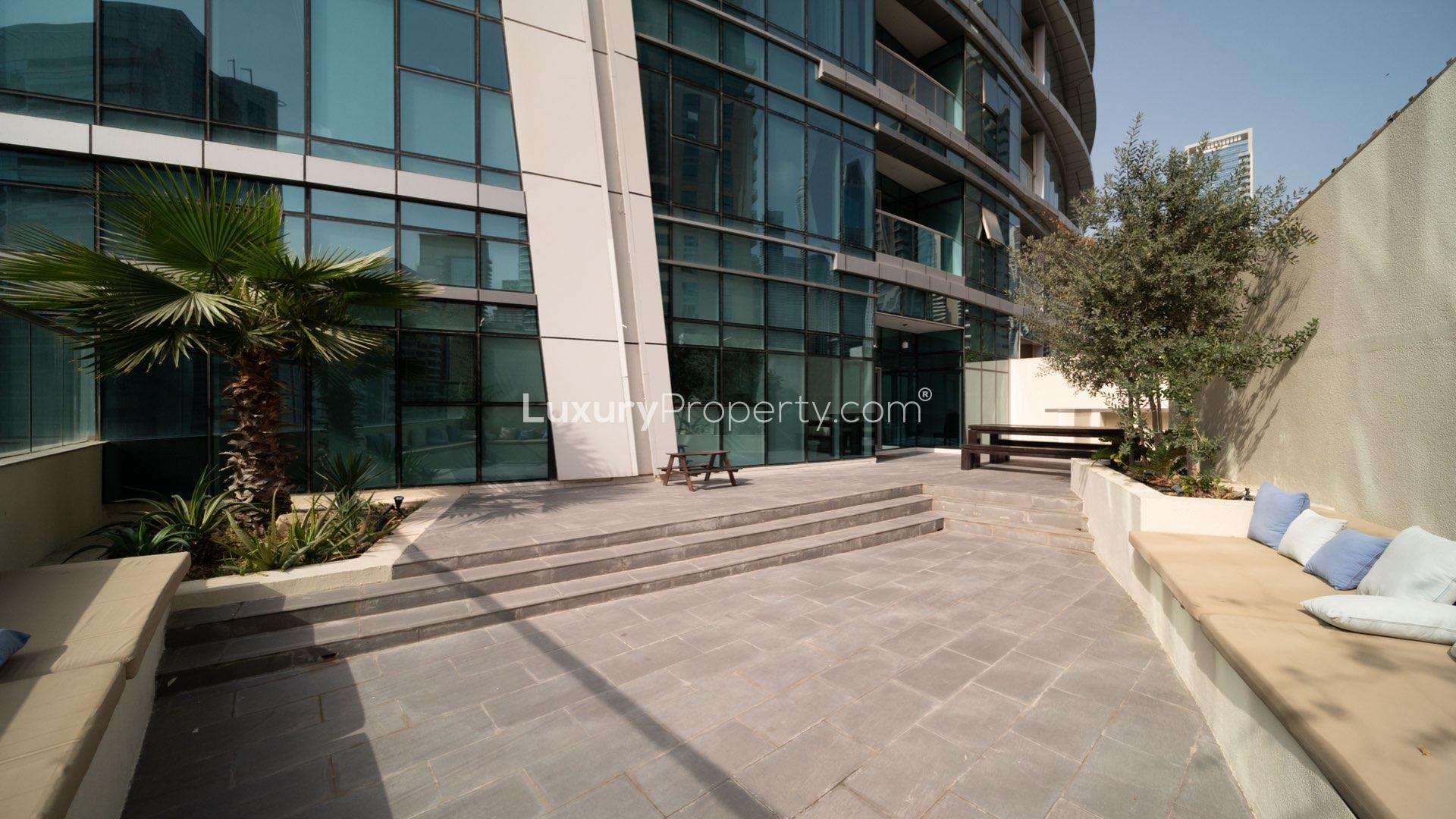 Outdoor terrace view of upgraded duplex apartment in Dubai Marina's Trident Bayside