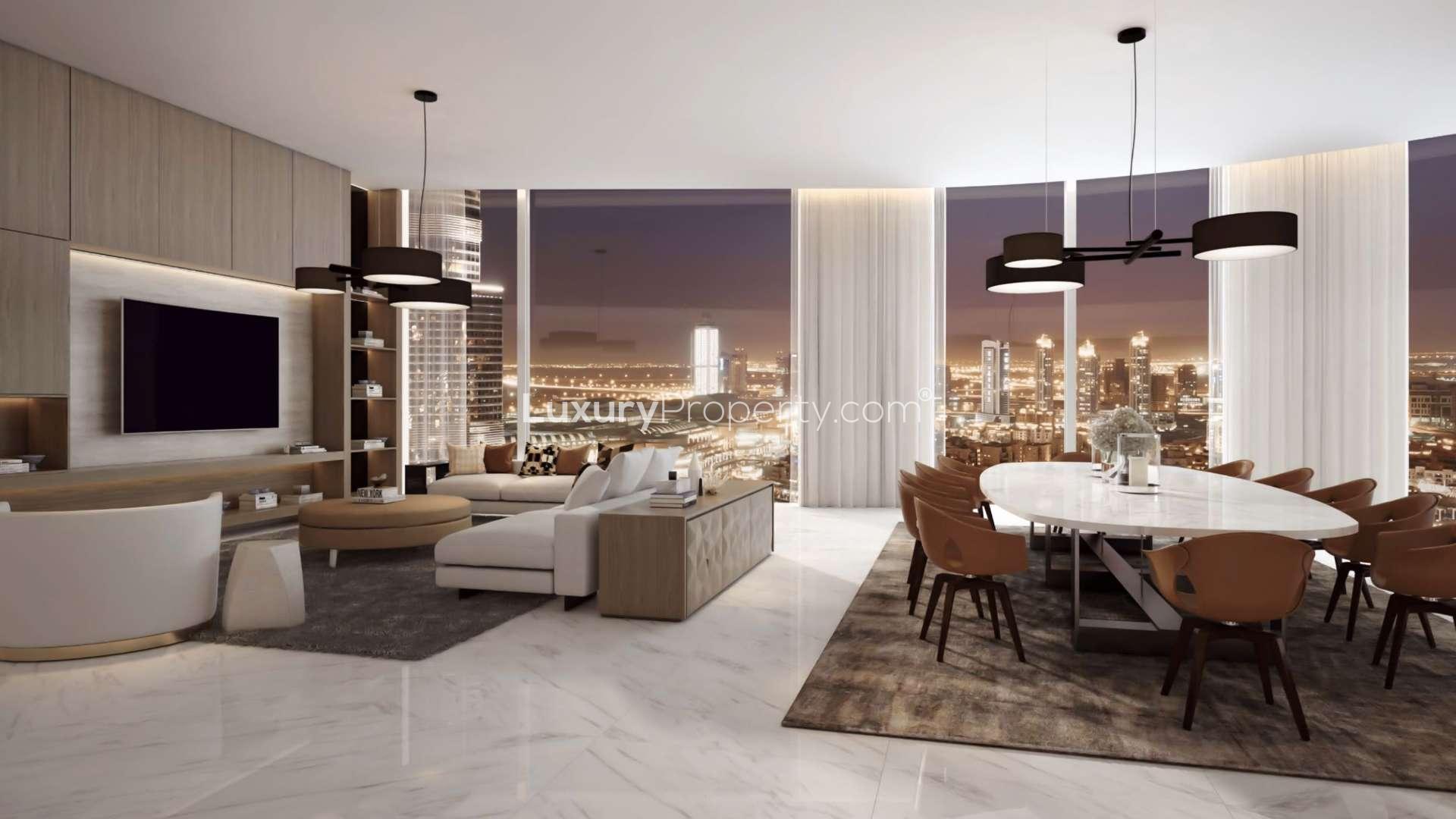 Luxurious living and dining area in Downtown Dubai penthouse with city skyline views
