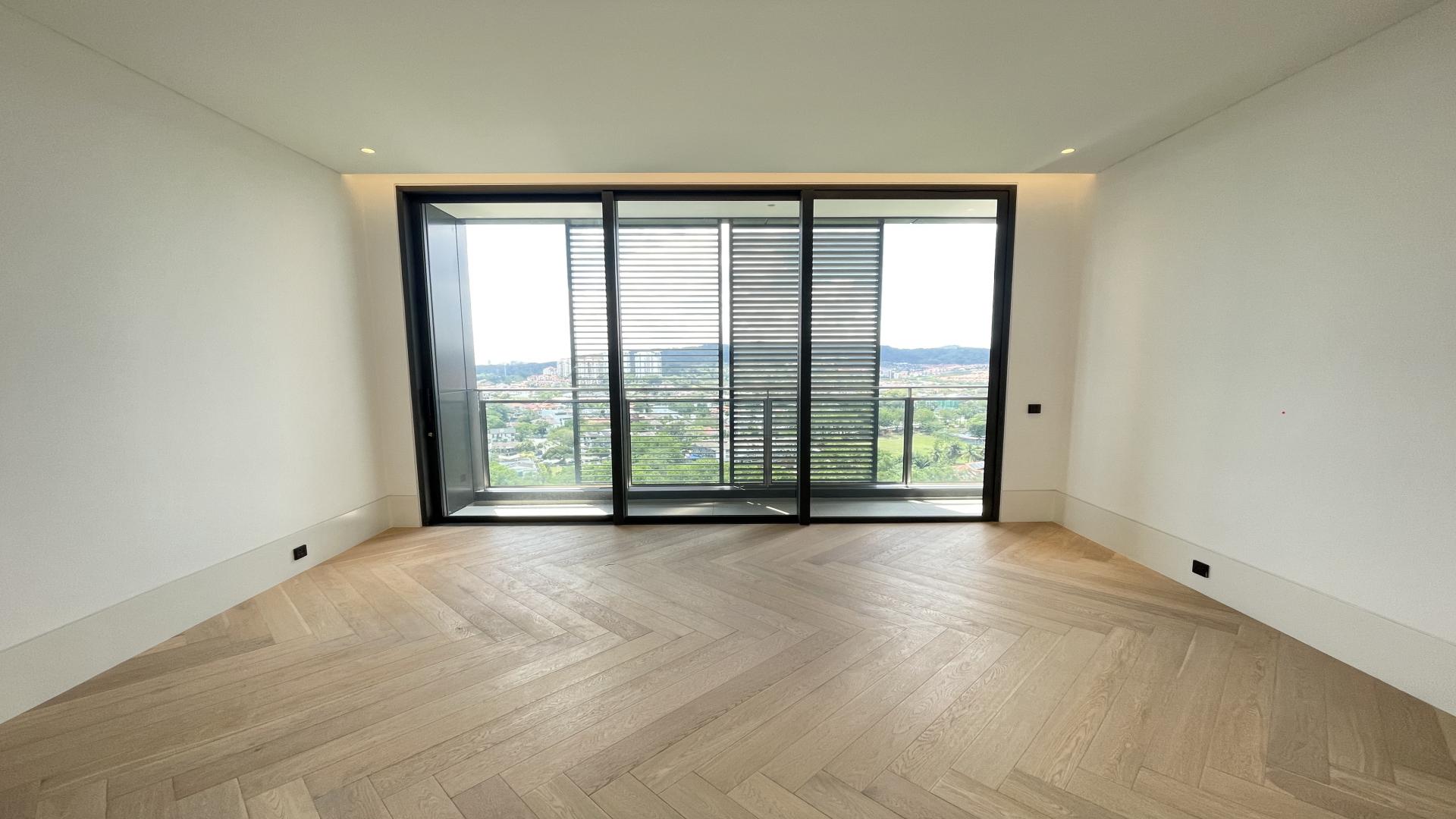 "Spacious balcony with panoramic views in AIRA Residence, Damansara Heights, Kuala Lumpur condominium.",Empty room with wooden floor and large window in AIRA Residence, Kuala Lumpur condominium