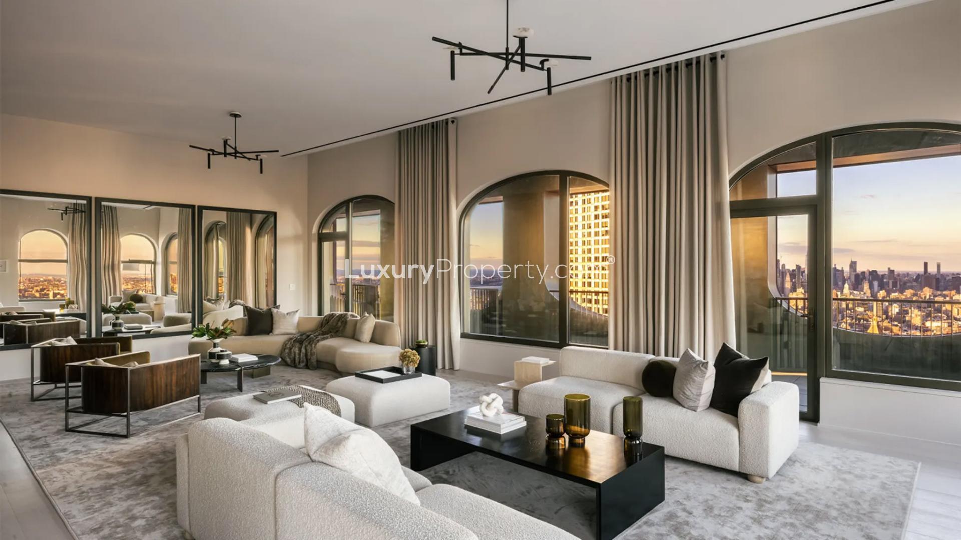 Luxurious Manhattan penthouse living room with skyline views, elegant decor, spacious seating area