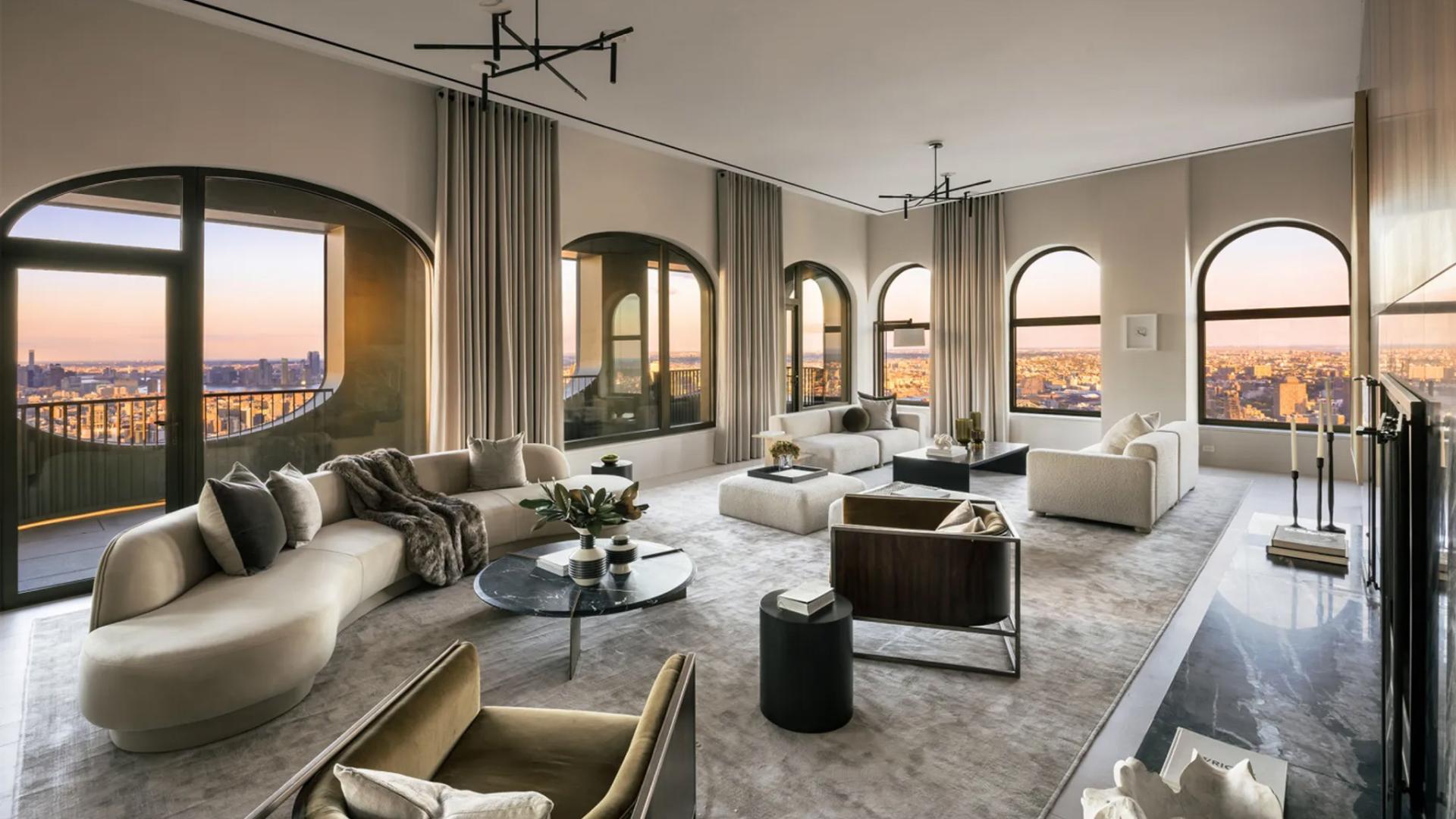 Luxurious Manhattan penthouse living room with city views, modern decor, and elegant furnishings