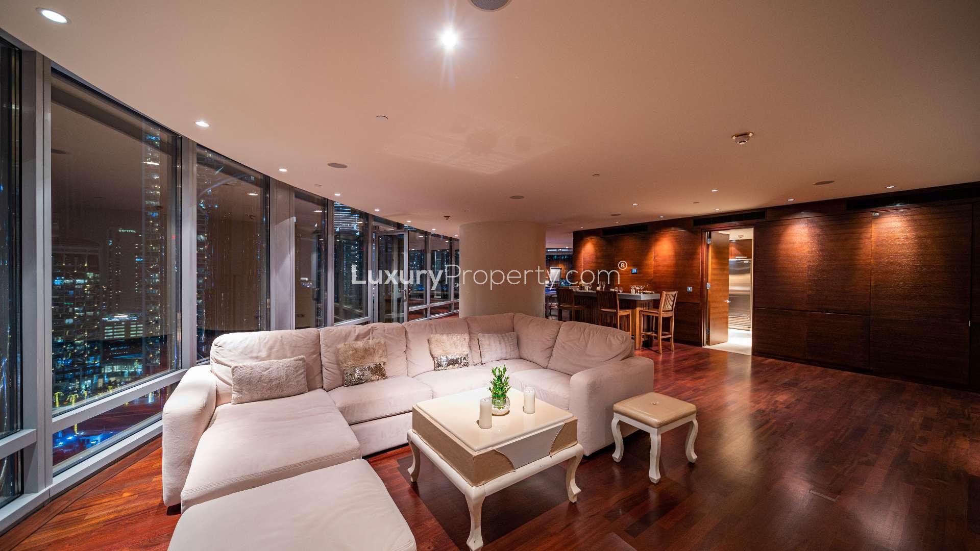 Luxurious living room in upgraded penthouse, Burj Khalifa Area, Downtown Dubai, for rent