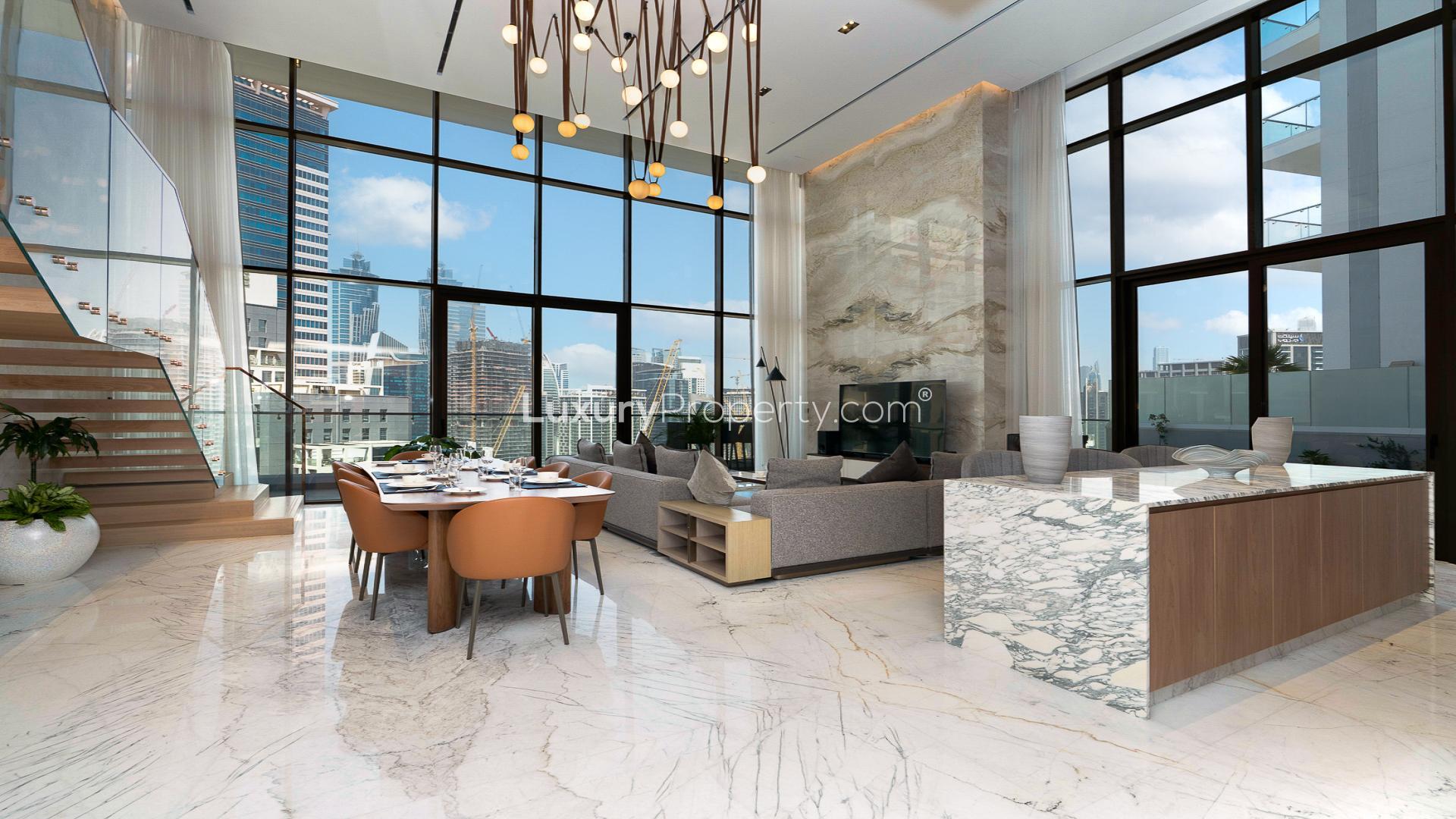 Luxurious living room in Business Bay penthouse, featuring modern design and elegant decor