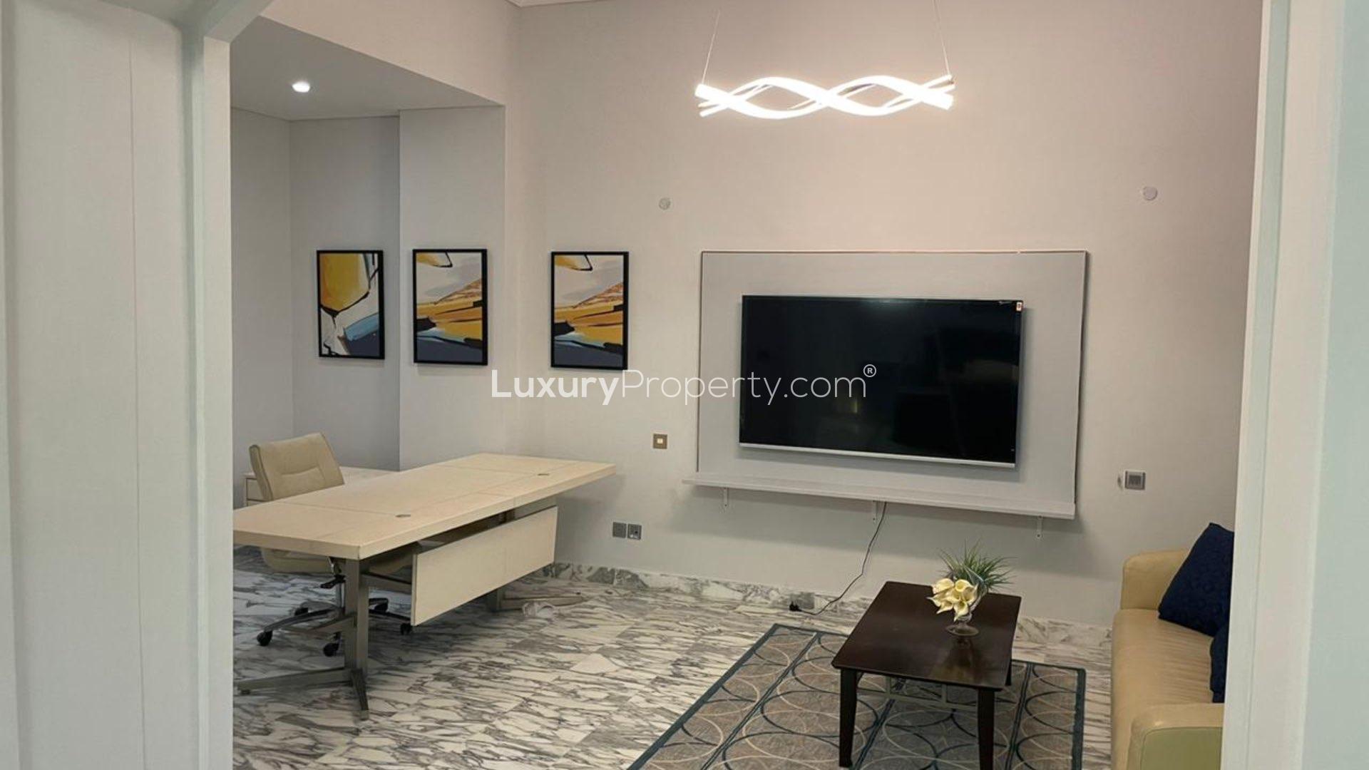 N/A,Modern living room in 4-bed duplex penthouse, Shoreline Residences, Palm Jumeirah