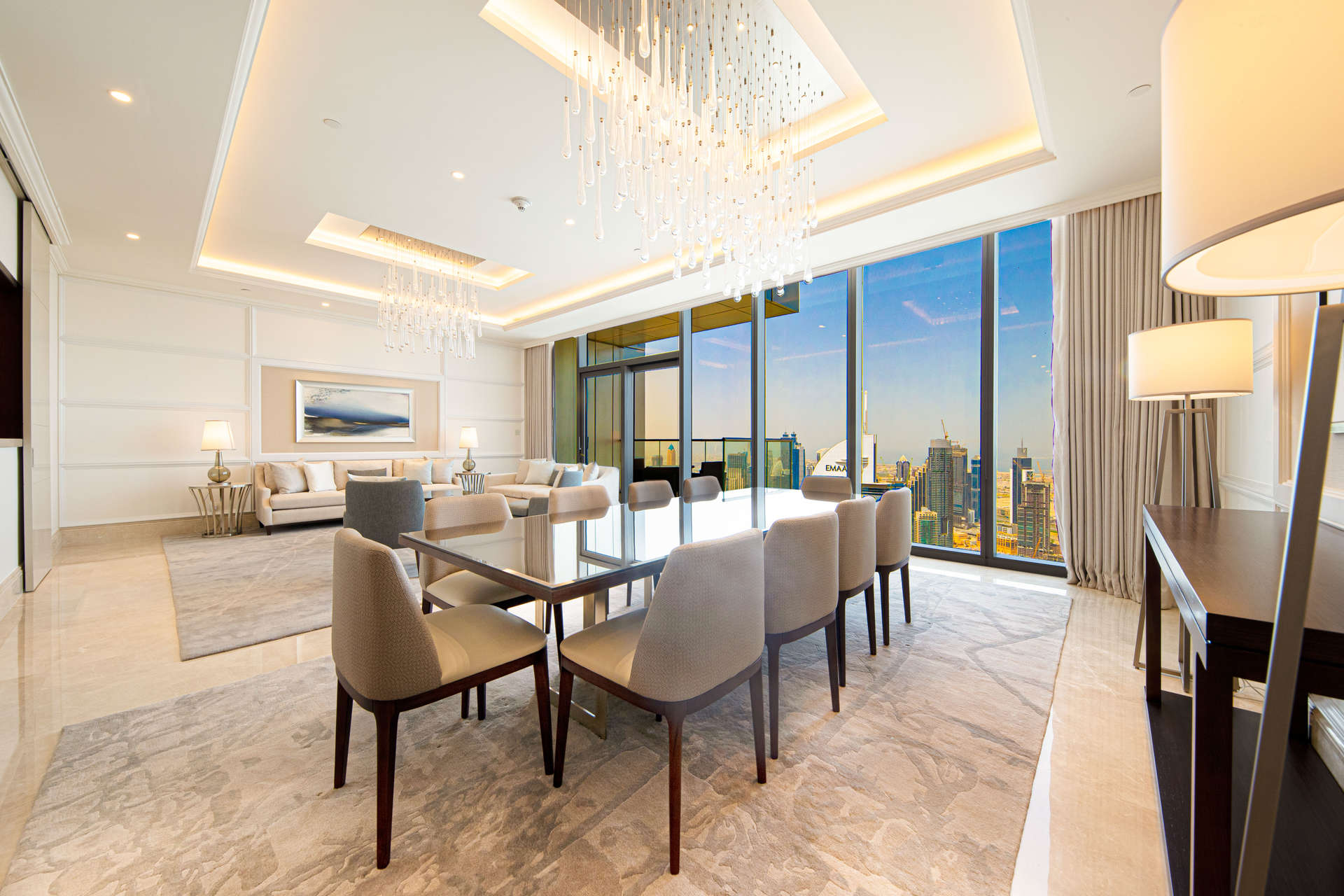 Luxury living room in 4-bedroom penthouse, Address Sky View, Downtown Dubai, with city views