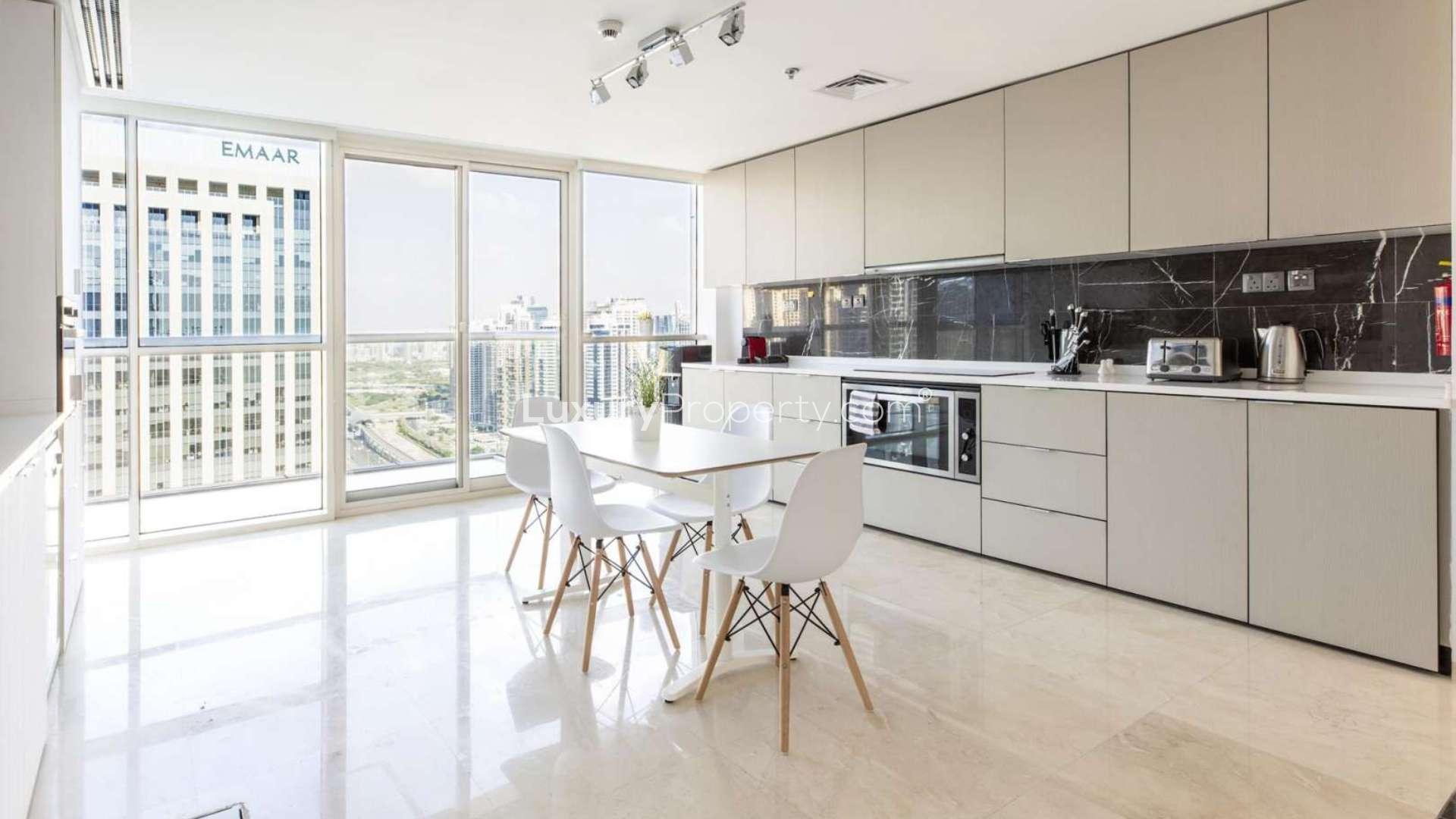 Fully furnished penthouse living room with marina views in Dubai Marina, West Avenue