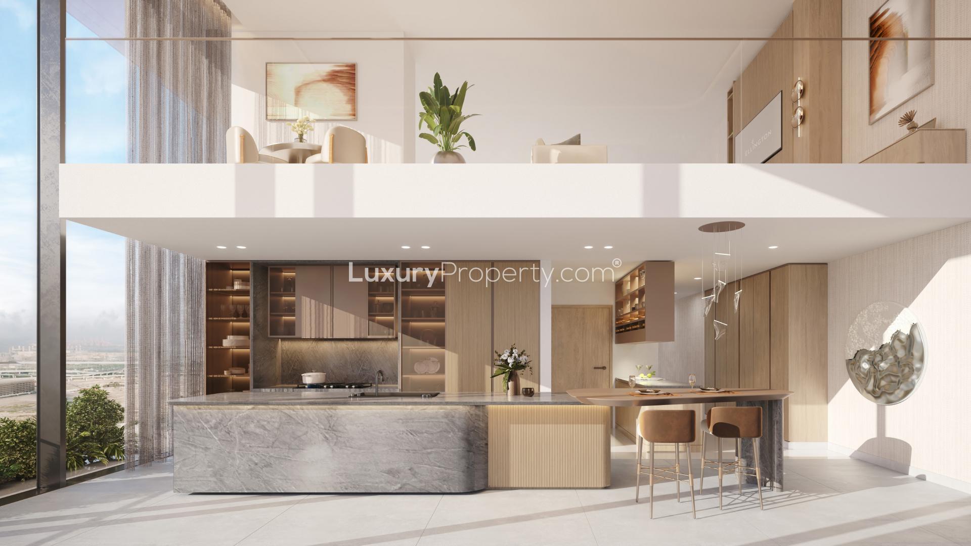 Penthouse balcony view overlooking pool and skyline in Uptown Dubai, Jumeirah Lake Towers