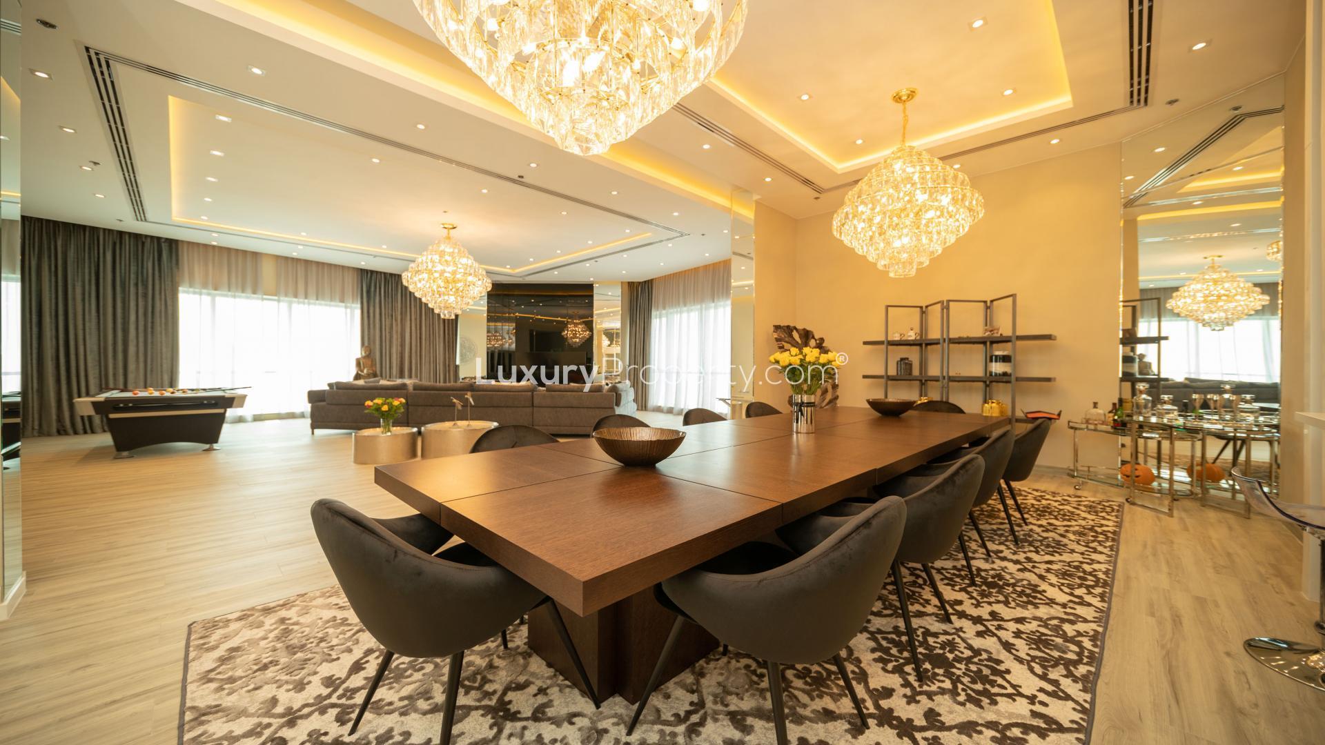Luxurious dining area in refurbished four-bedroom penthouse, Dubai Marina, The Torch, for sale