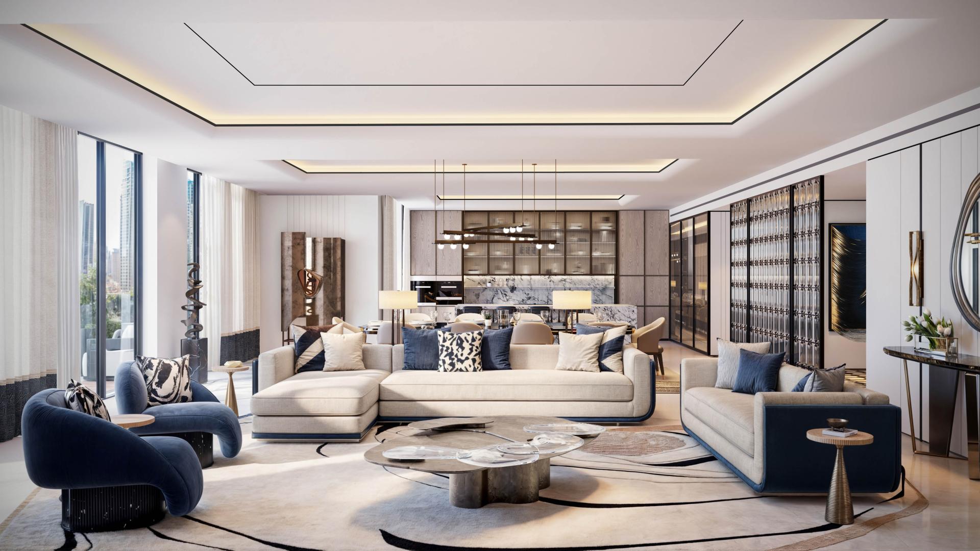 Elegant living room in half-floor penthouse, Sofitel Residences Downtown, Dubai. Luxurious interior design