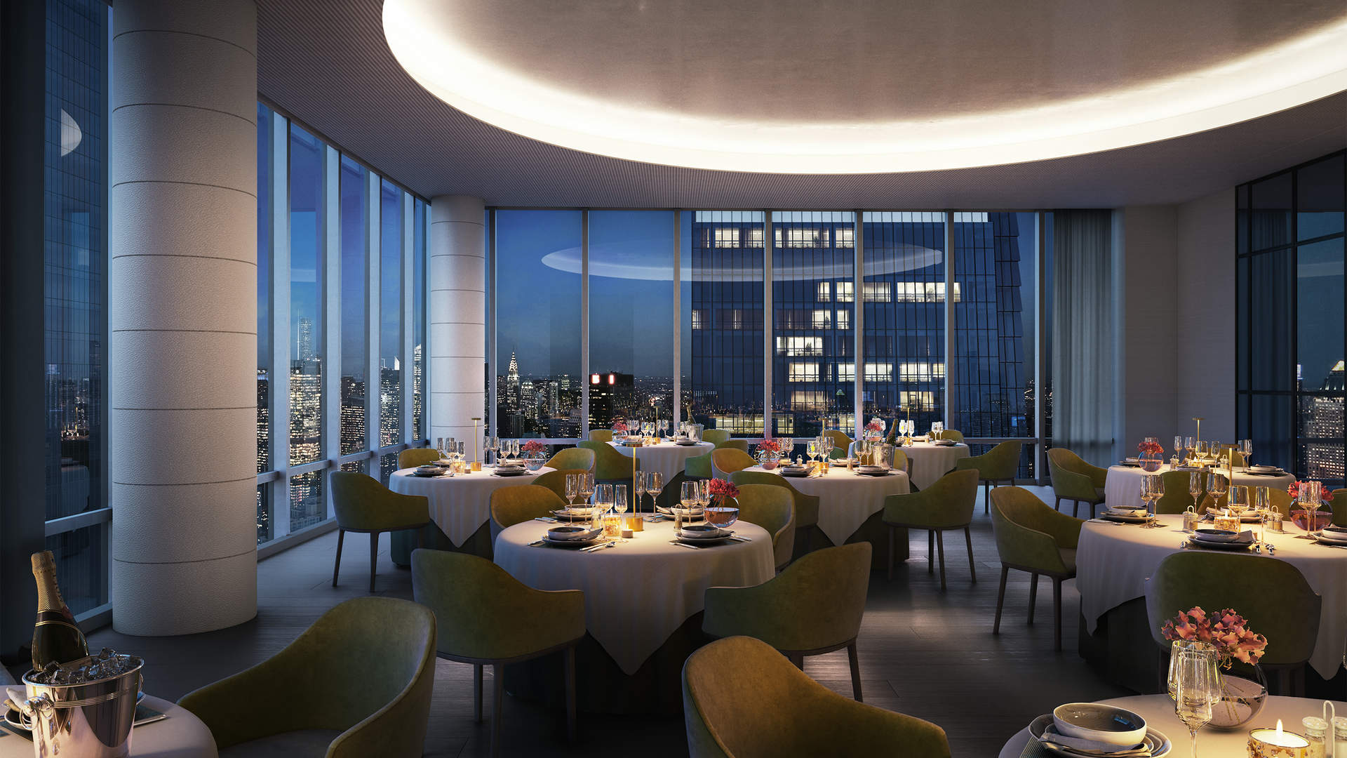 Luxurious indoor pool with city skyline views in Manhattan penthouse at 15 Hudson Yards