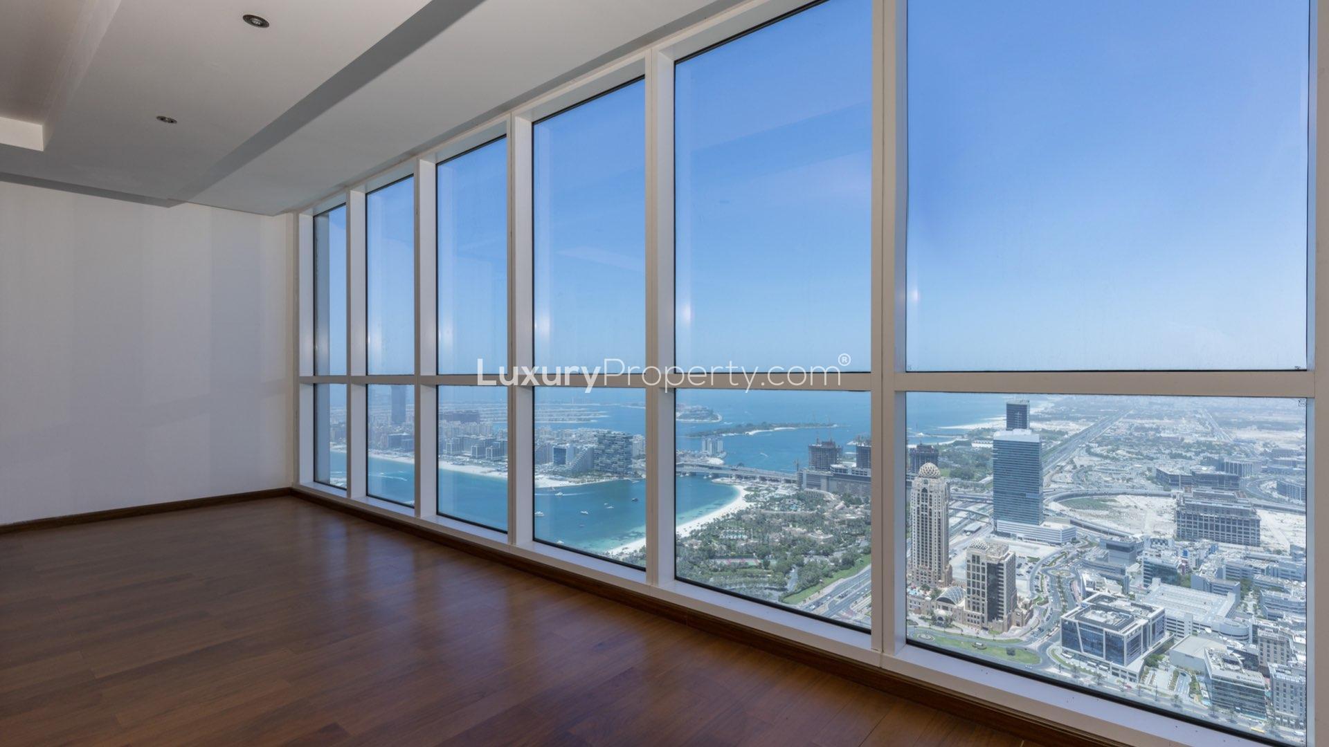 Aerial view of Dubai Marina and sea from 23 Marina penthouse for sale