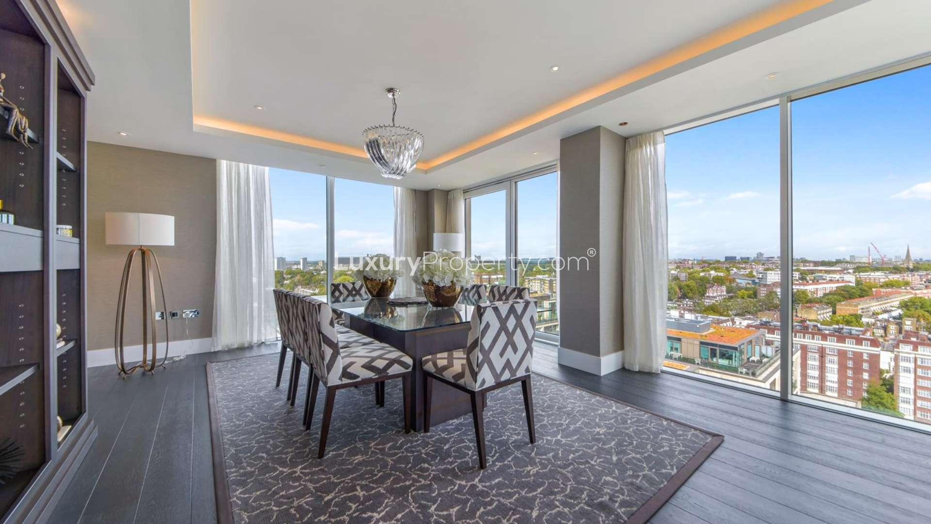 Luxurious living room in three-bedroom penthouse, Edward House, Kensington, with city views