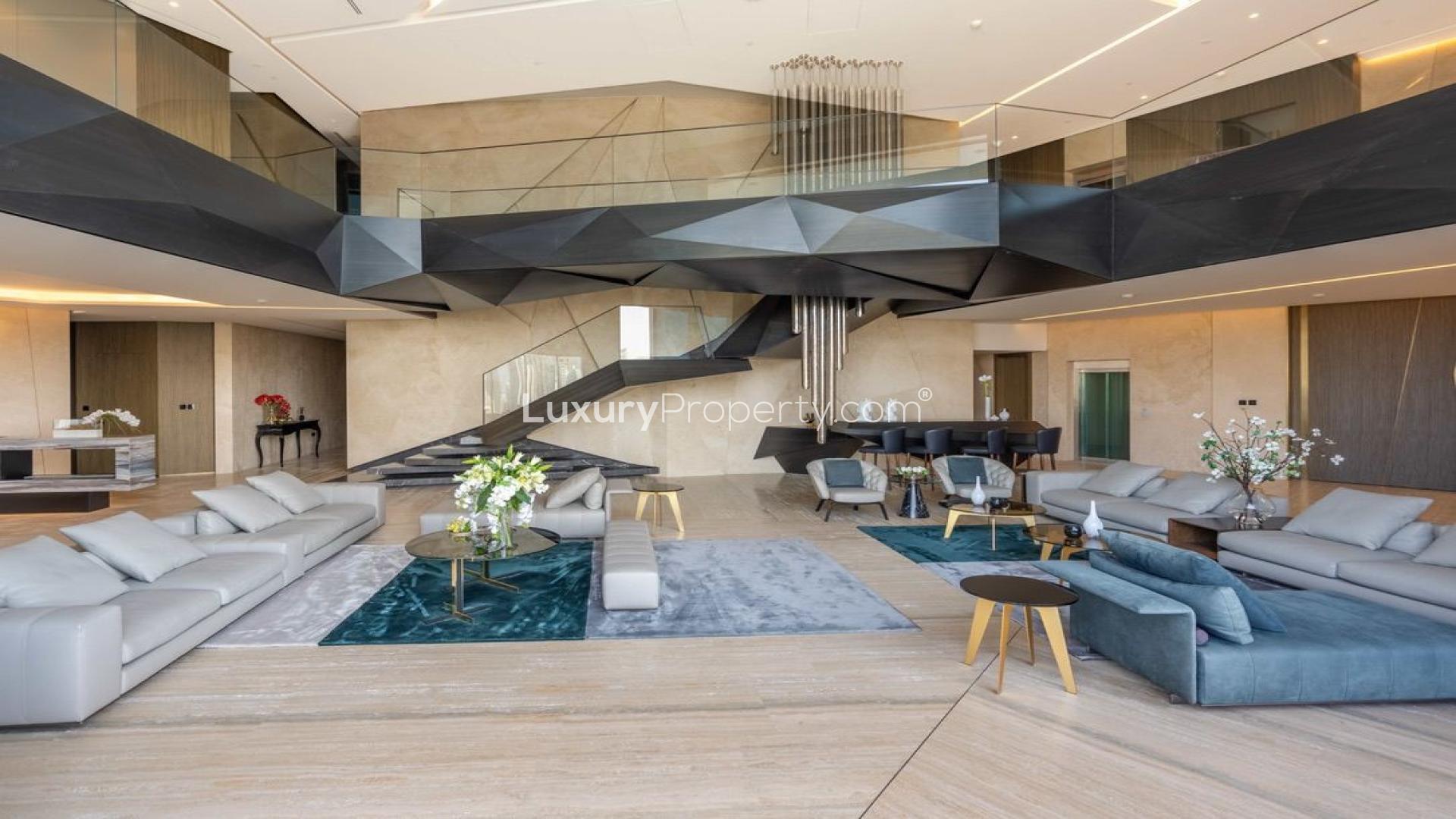 "Luxurious rooftop terrace with pool and city view in Volante, Business Bay penthouse for sale.",Ultra-luxury duplex penthouse living room with modern design in Volante, Business Bay