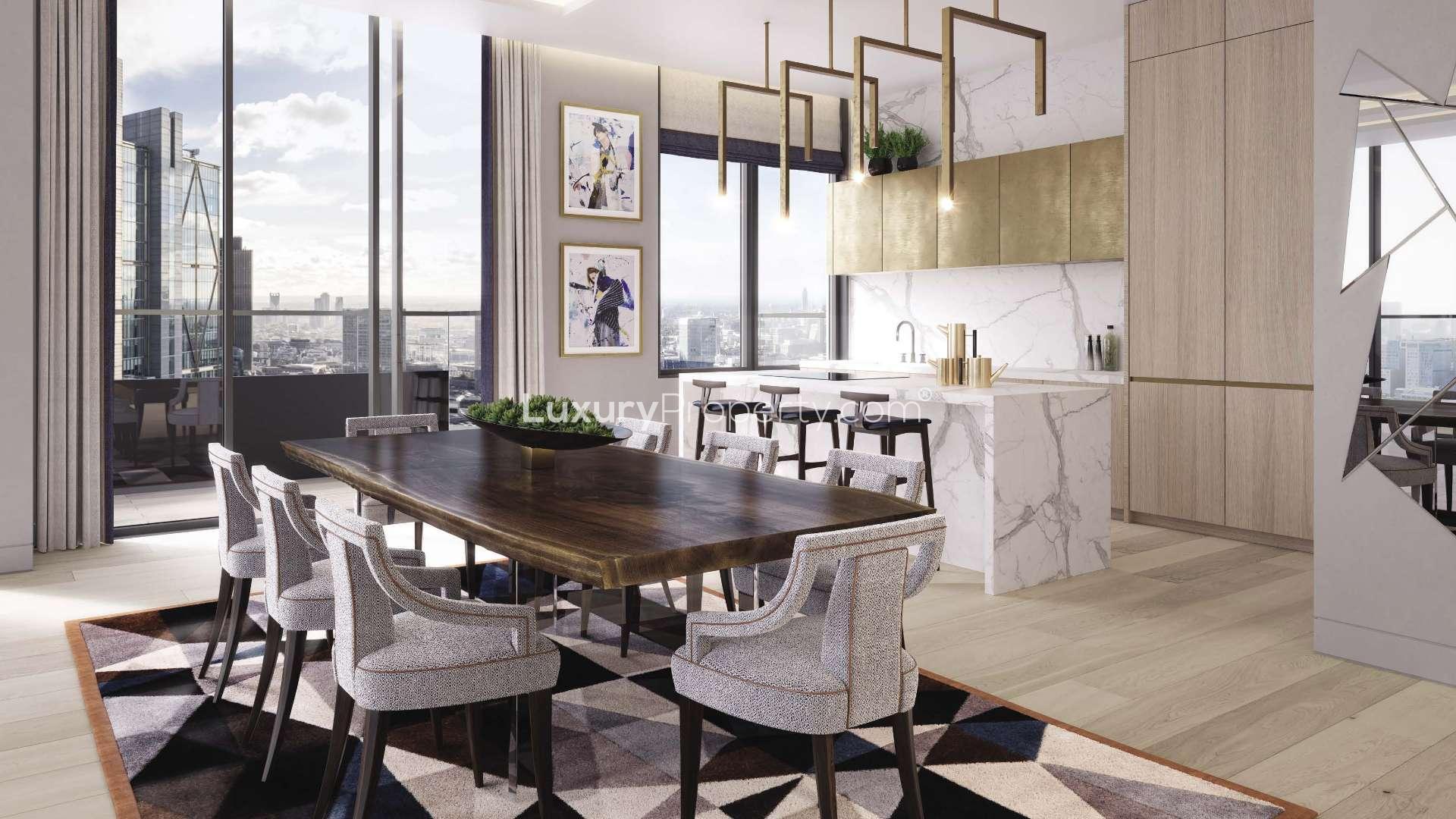 "Luxury penthouse duplex living room with modern decor in The Stage, East London.",Luxurious penthouse dining area with city views in The Stage, East London