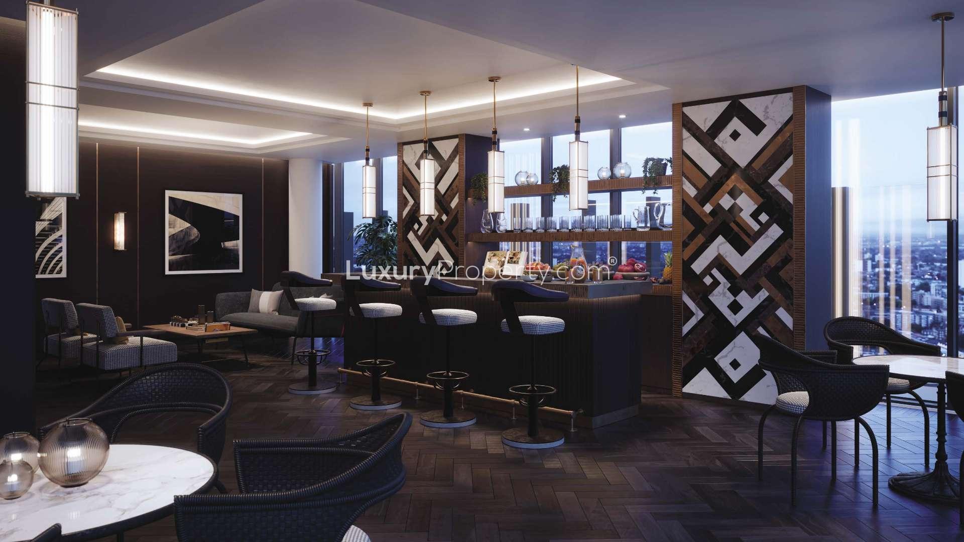 Luxurious penthouse bar and lounge area in The Stage, East London landmark