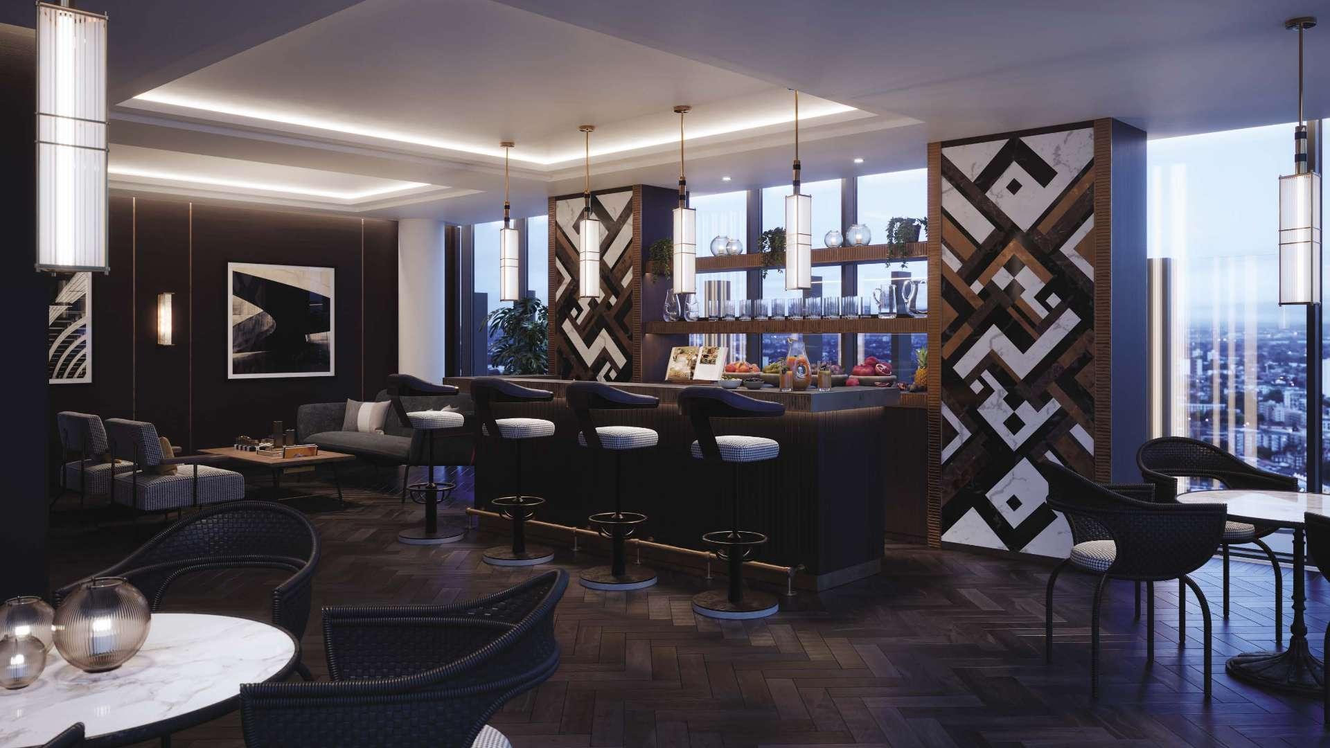 Luxurious penthouse bar and lounge area in The Stage, East London landmark