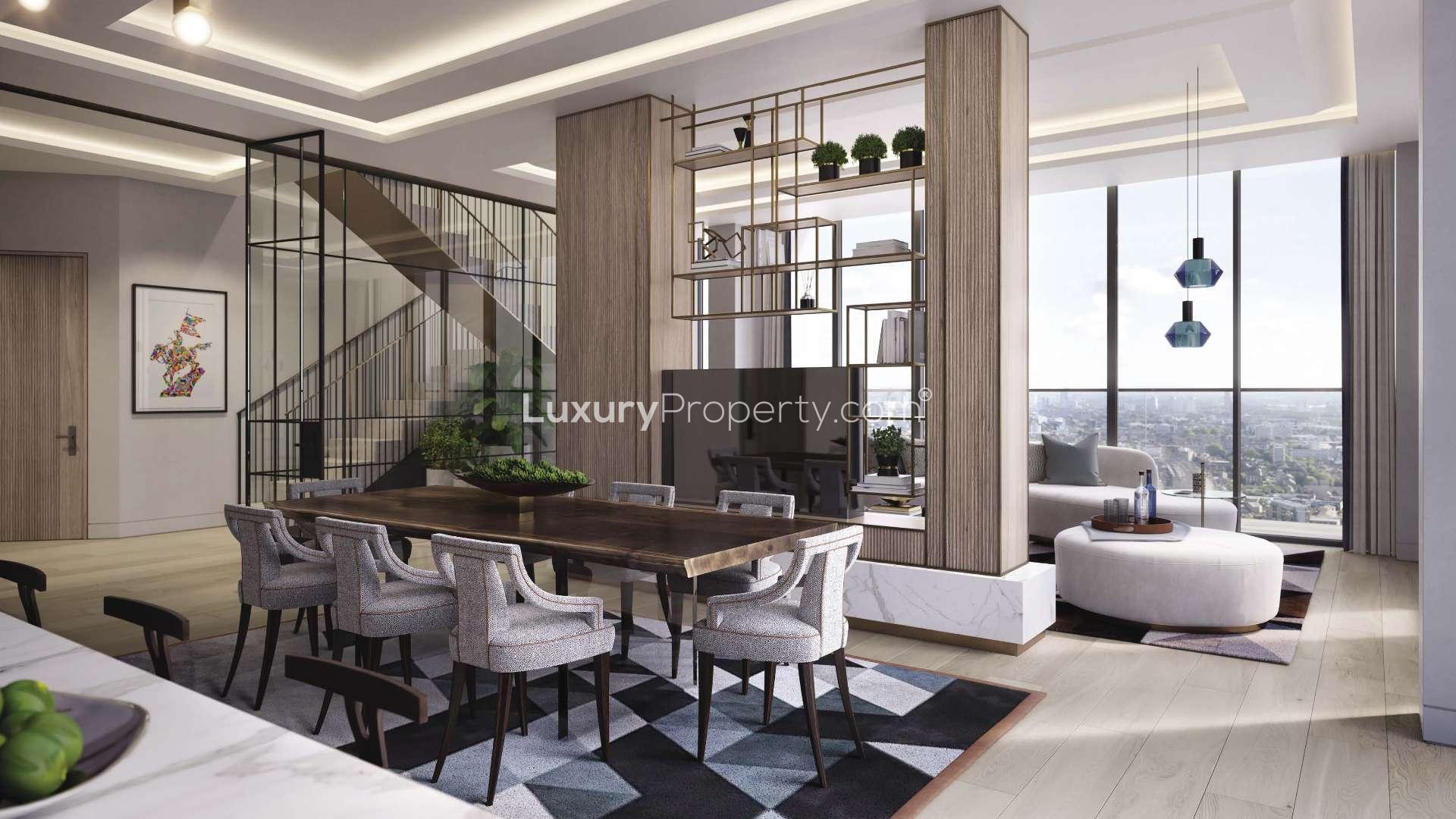 Luxurious living room in East London penthouse, featuring modern decor and city views