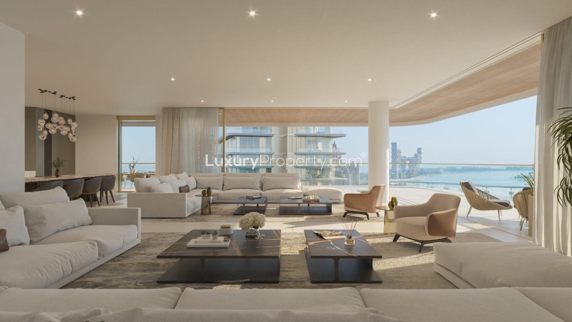 Luxurious Palm Jumeirah penthouse bedroom with stunning sea and skyline views at sunset