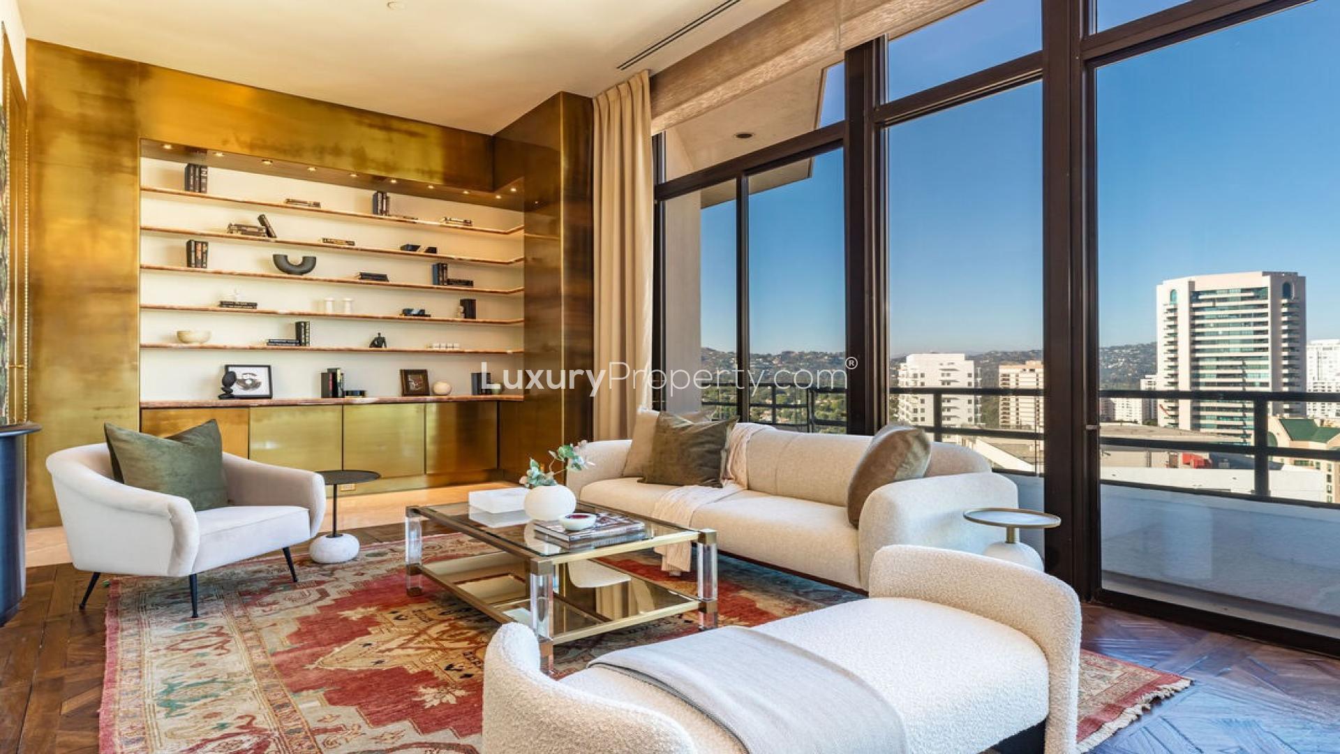 Luxurious penthouse living room with elegant decor on Wilshire Corridor, Los Angeles