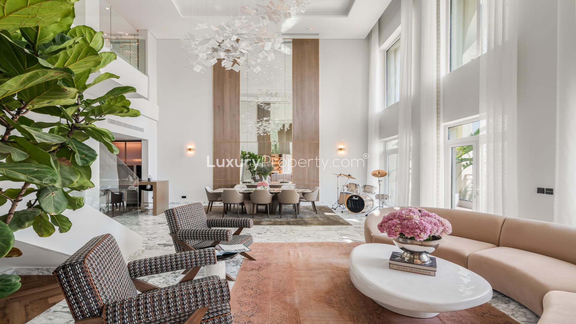 Luxurious living room in designer-finished Viola Penthouse, Shoreline Apartments, Palm Jumeirah