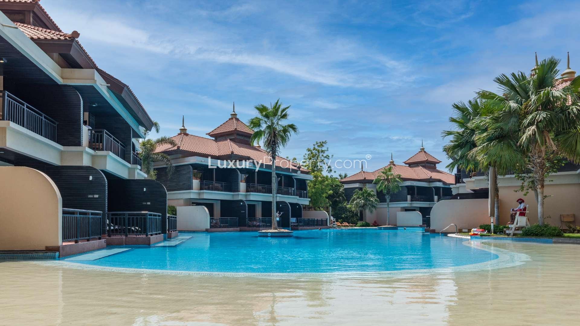 "Spacious luxurious lobby at Anantara Residences penthouse, Palm Jumeirah, Dubai, for sale.",Penthouse exterior with private outdoor pool at Anantara Residences, Palm Jumeirah, for sale