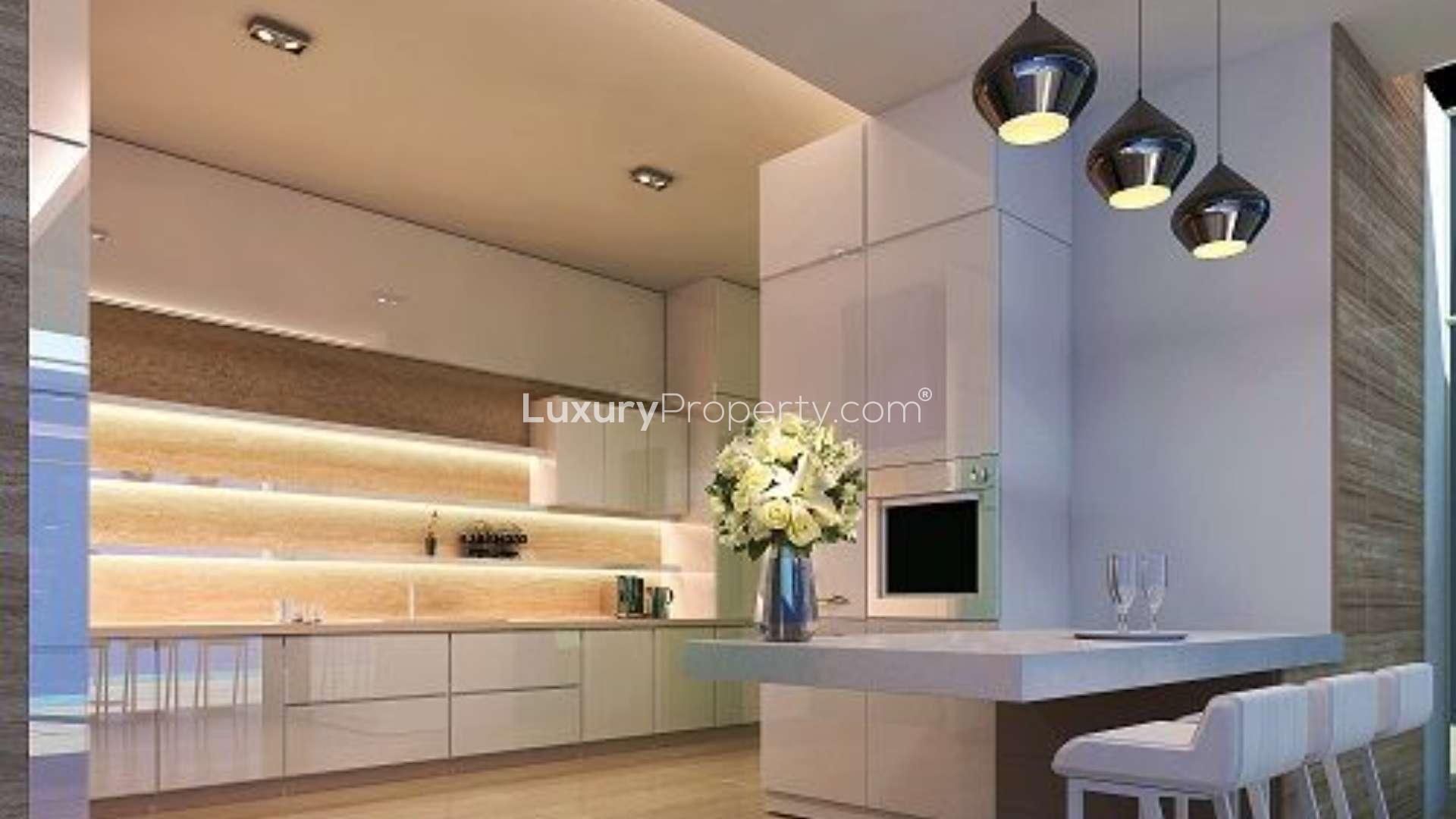 Luxurious living room in duplex penthouse, Anantara Residences, Palm Jumeirah, with modern decor