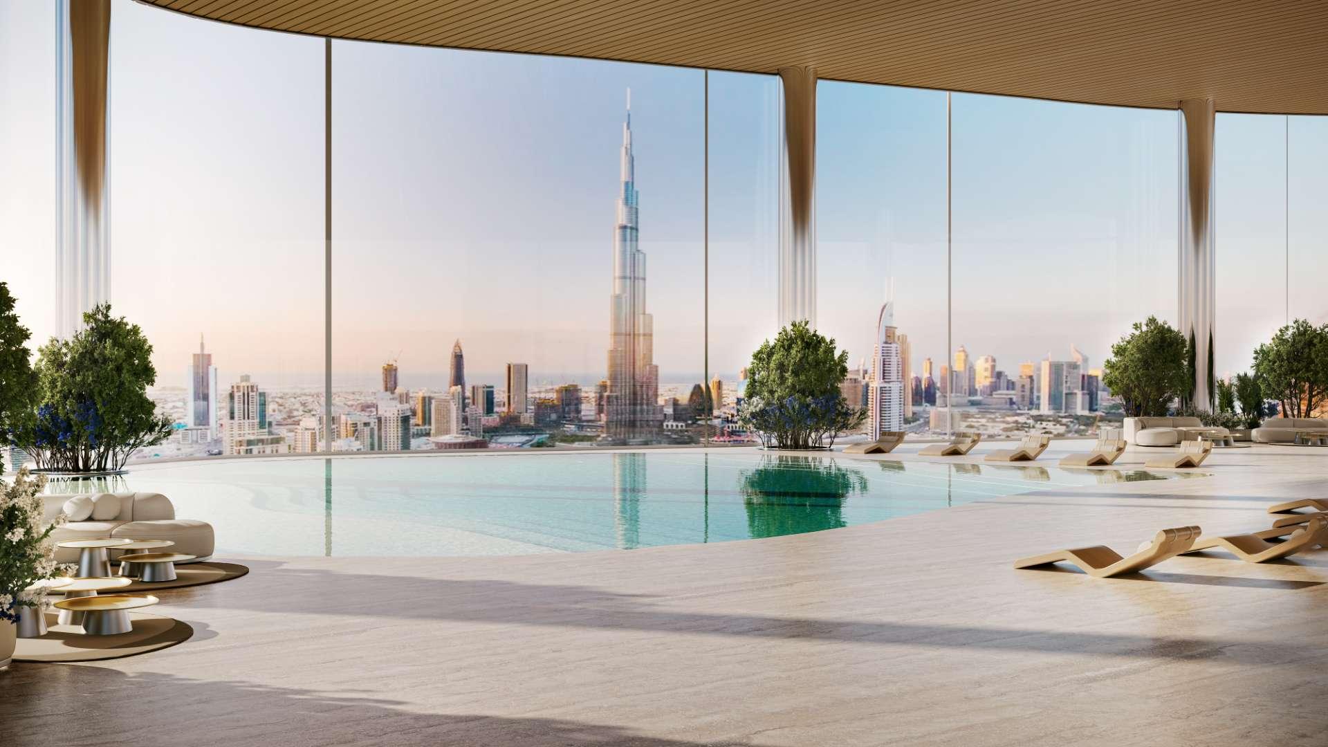 Rooftop pool view from Sky Mansion Penthouse, Bugatti Residences, Business Bay, Dubai skyline