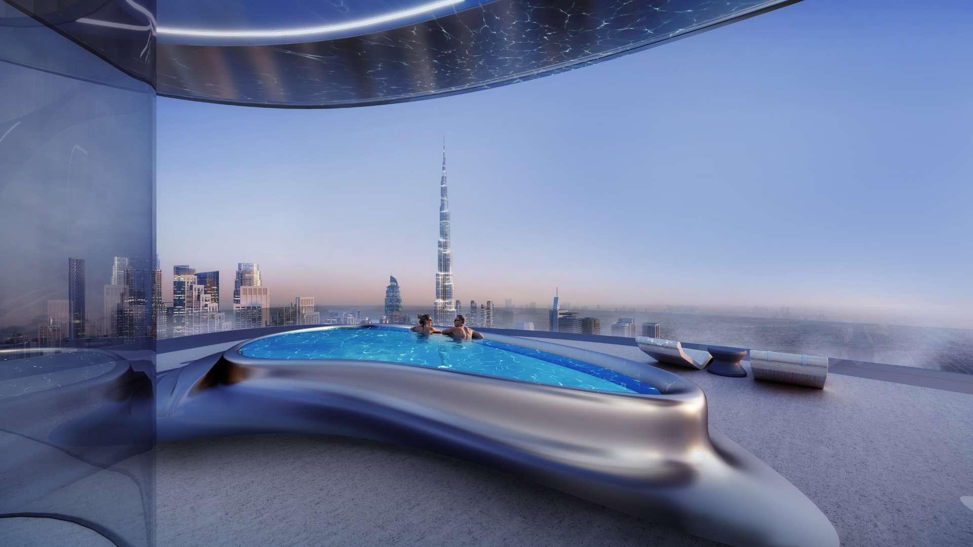 Luxurious Sky Mansion Penthouse living room with city skyline view, Business Bay, Dubai