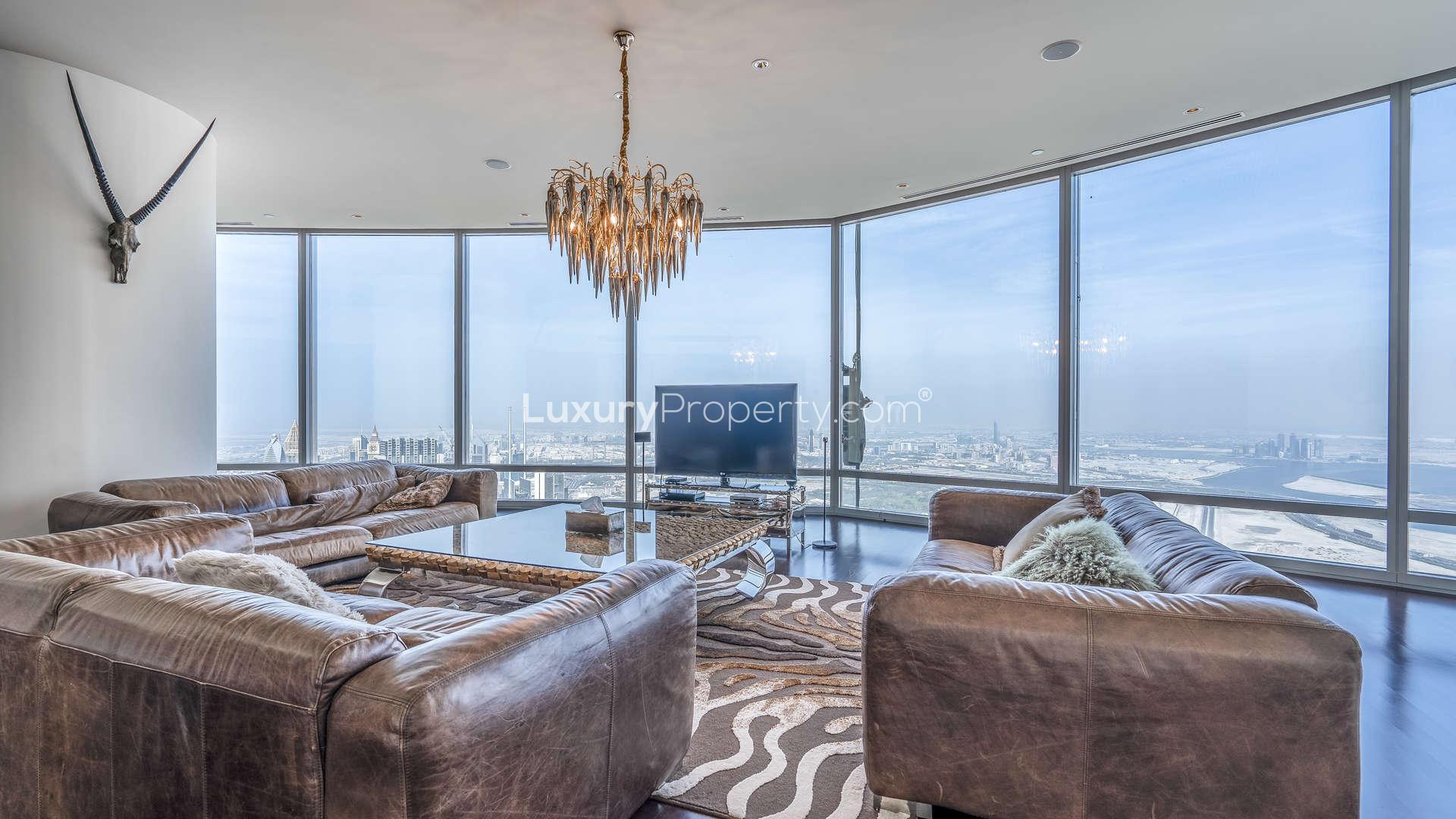 Luxurious living room in four-bedroom penthouse, Burj Khalifa, Downtown Dubai, with stunning views
