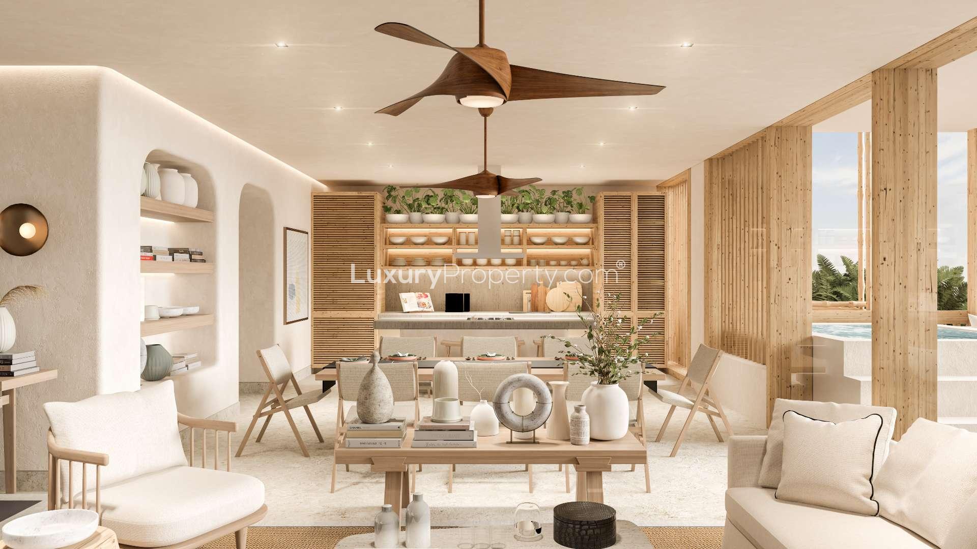 Two-storey beachfront penthouse interior with ocean view in Corasol Riviera Maya, Costa Residences