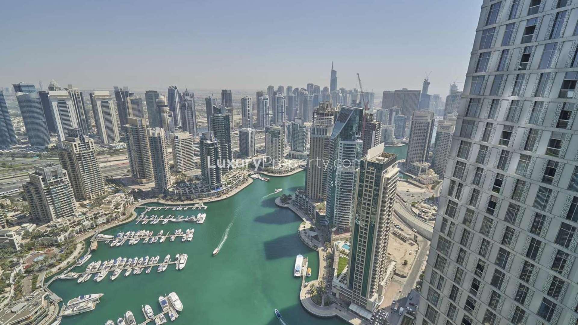 Aerial view from Dubai Marina penthouse overlooking marina and Atlantis, Damac Heights