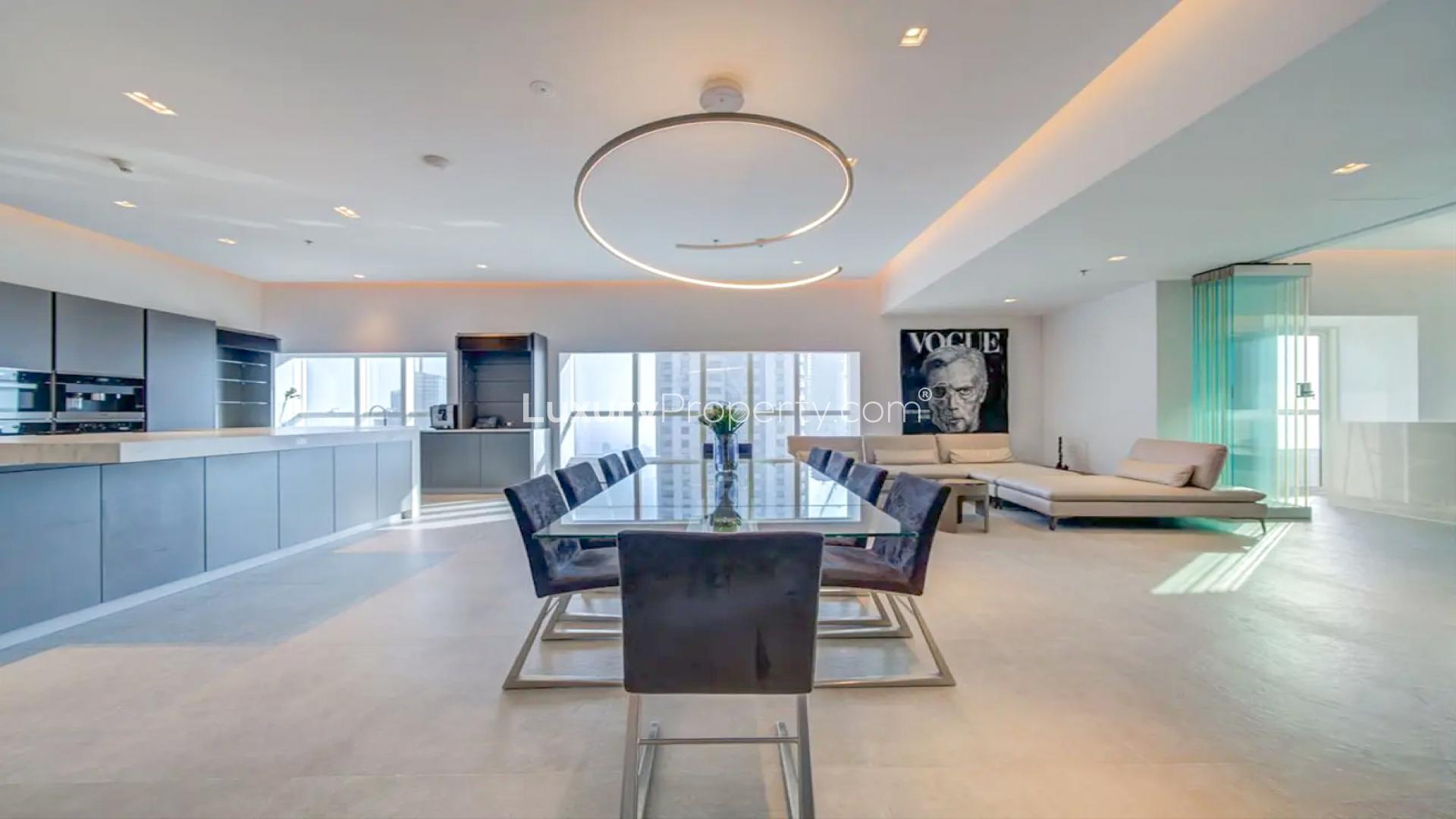 Luxurious high-floor penthouse kitchen and dining area in Elite Residence, Dubai Marina