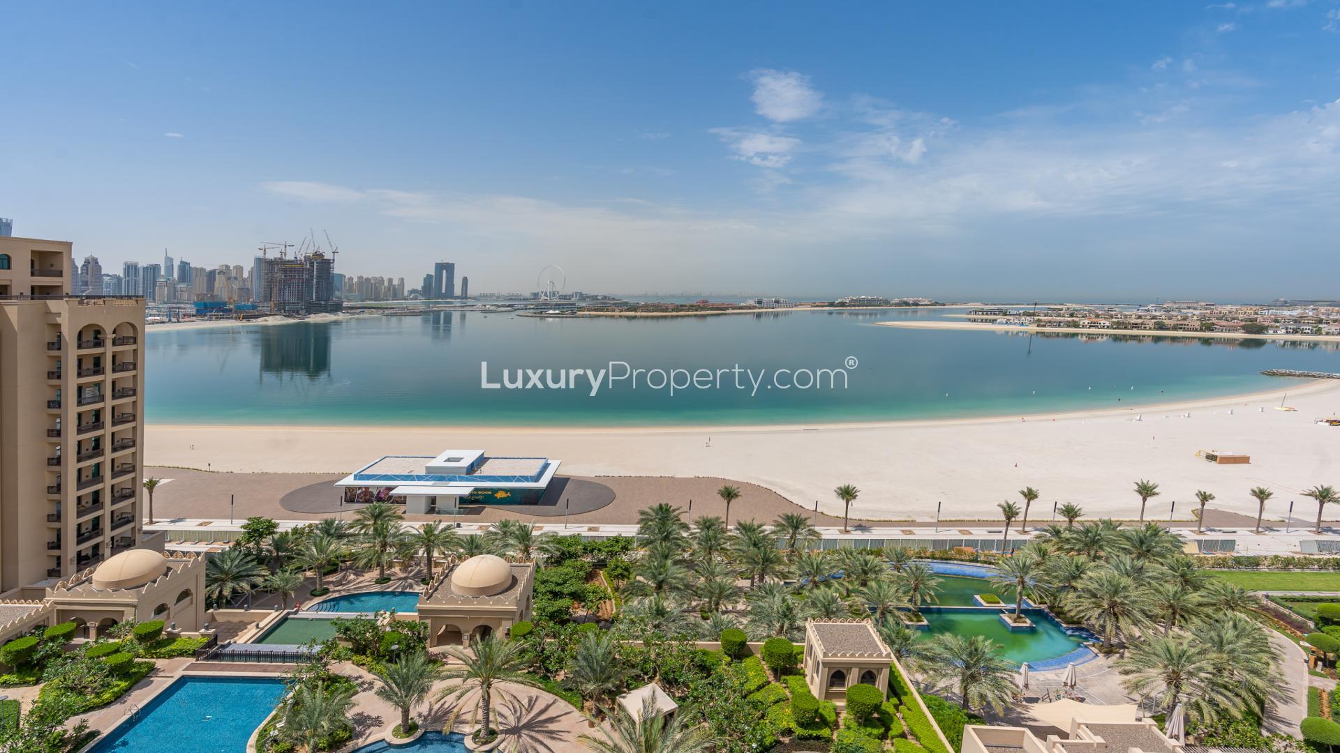Penthouse view of Palm Jumeirah beach and Dubai skyline from The Fairmont Palm Residences