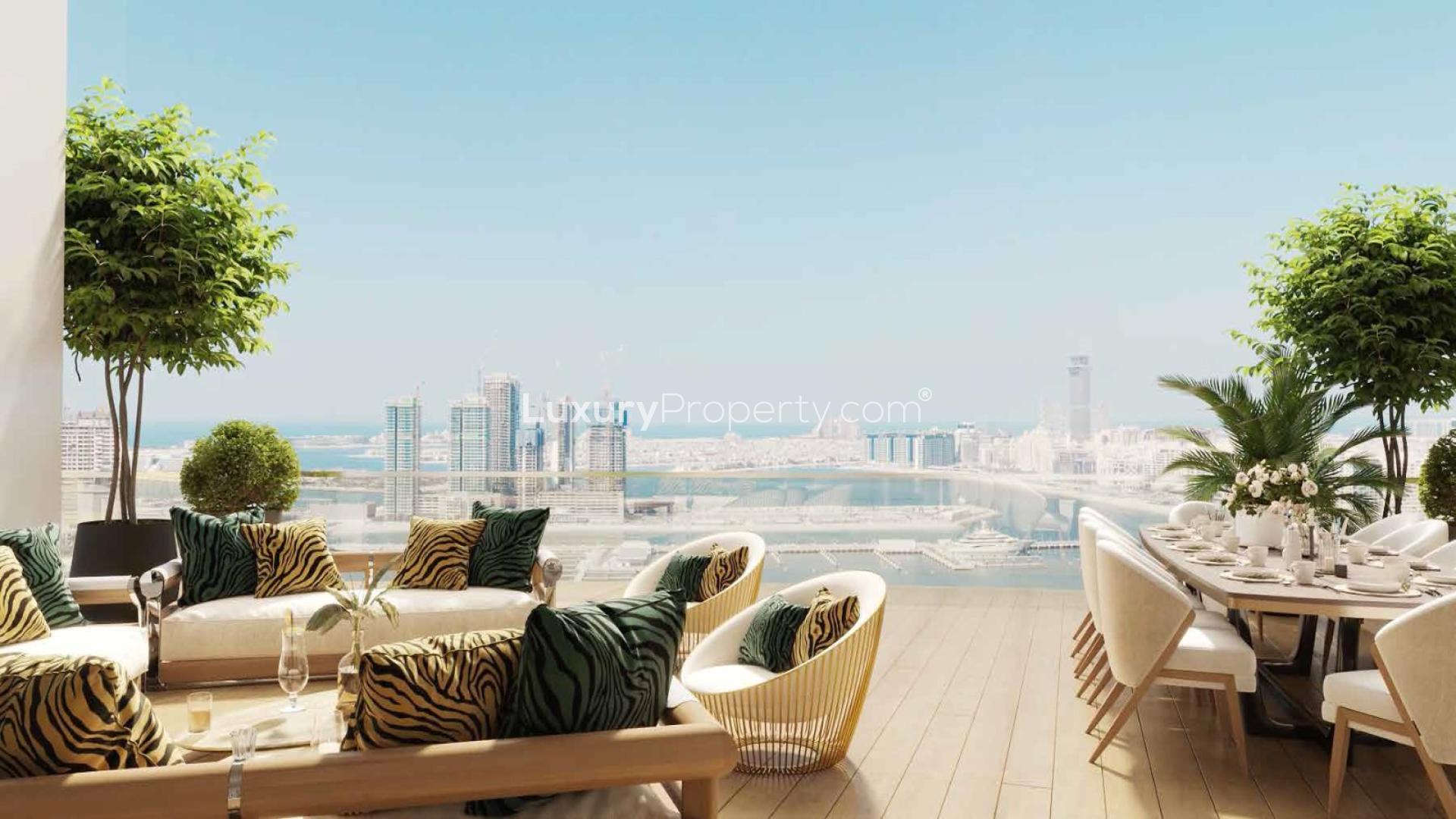 Luxurious living room in Dubai Marina penthouse with stunning sea view, Cavalli Tower