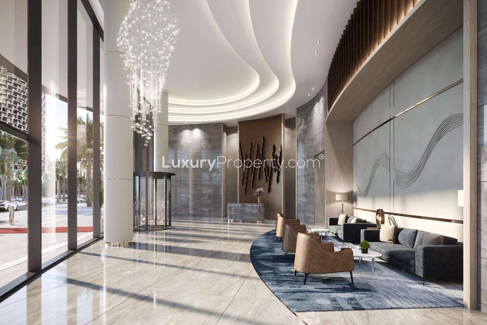 High-floor penthouse balcony view, Downtown Dubai skyline, IL Primo Opera District