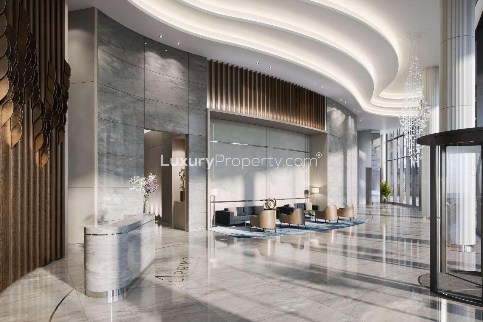 Luxurious lobby of IL Primo Penthouse, Downtown Dubai, featuring elegant seating and chandelier