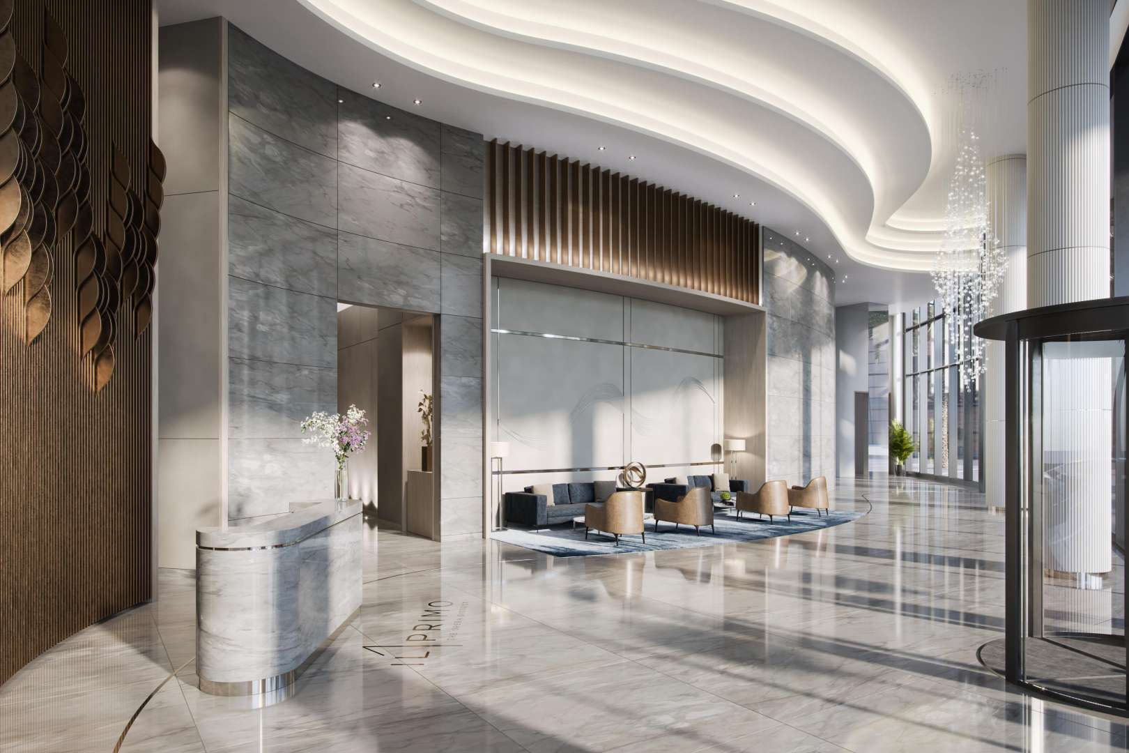 Luxurious lobby of IL Primo Penthouse, Downtown Dubai, featuring elegant seating and chandelier