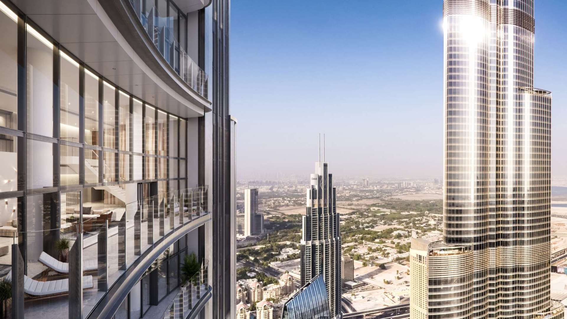Luxurious four-bedroom penthouse balcony with stunning Downtown Dubai skyline views, IL Primo