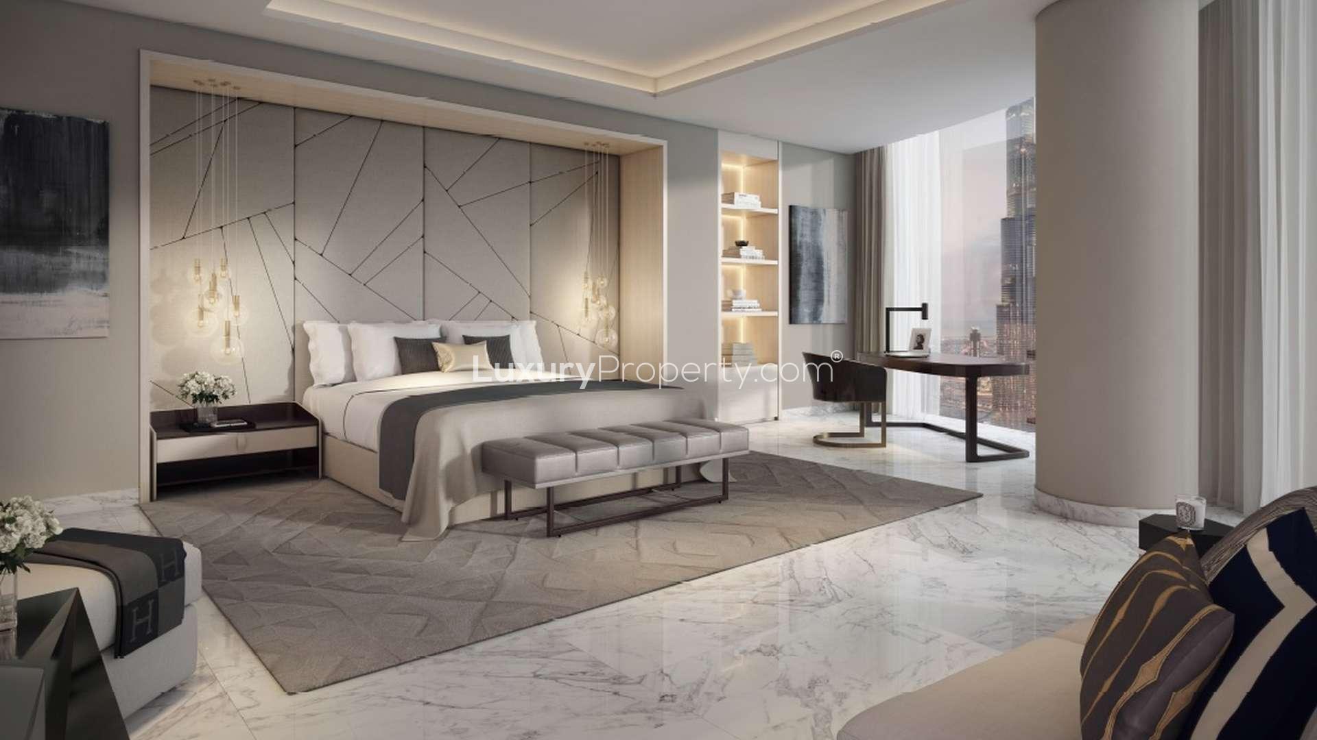 Luxurious master bedroom in four-bedroom penthouse, IL Primo, Downtown Dubai, with city views