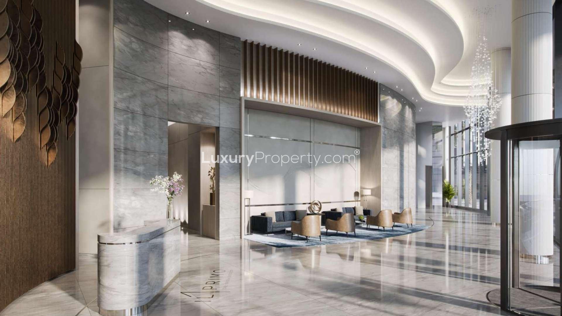 Luxurious penthouse living room with modern decor, large windows, Downtown Dubai views