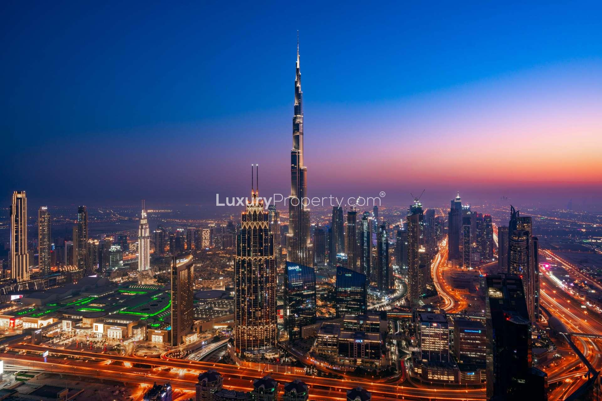 Stunning panoramic cityscape view from luxurious penthouse in Index Tower, DIFC at sunset