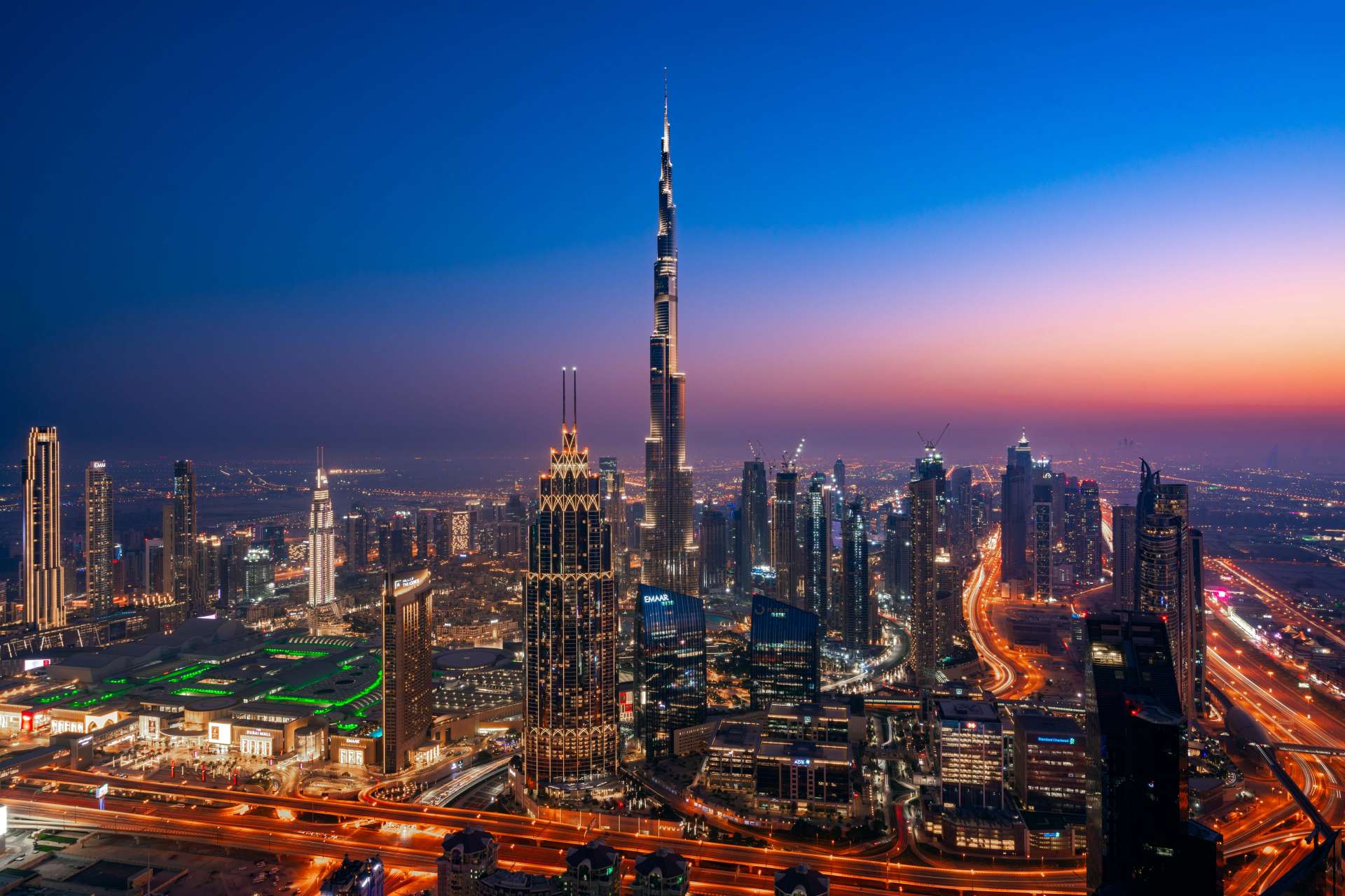 Stunning panoramic cityscape view from luxurious penthouse in Index Tower, DIFC at sunset