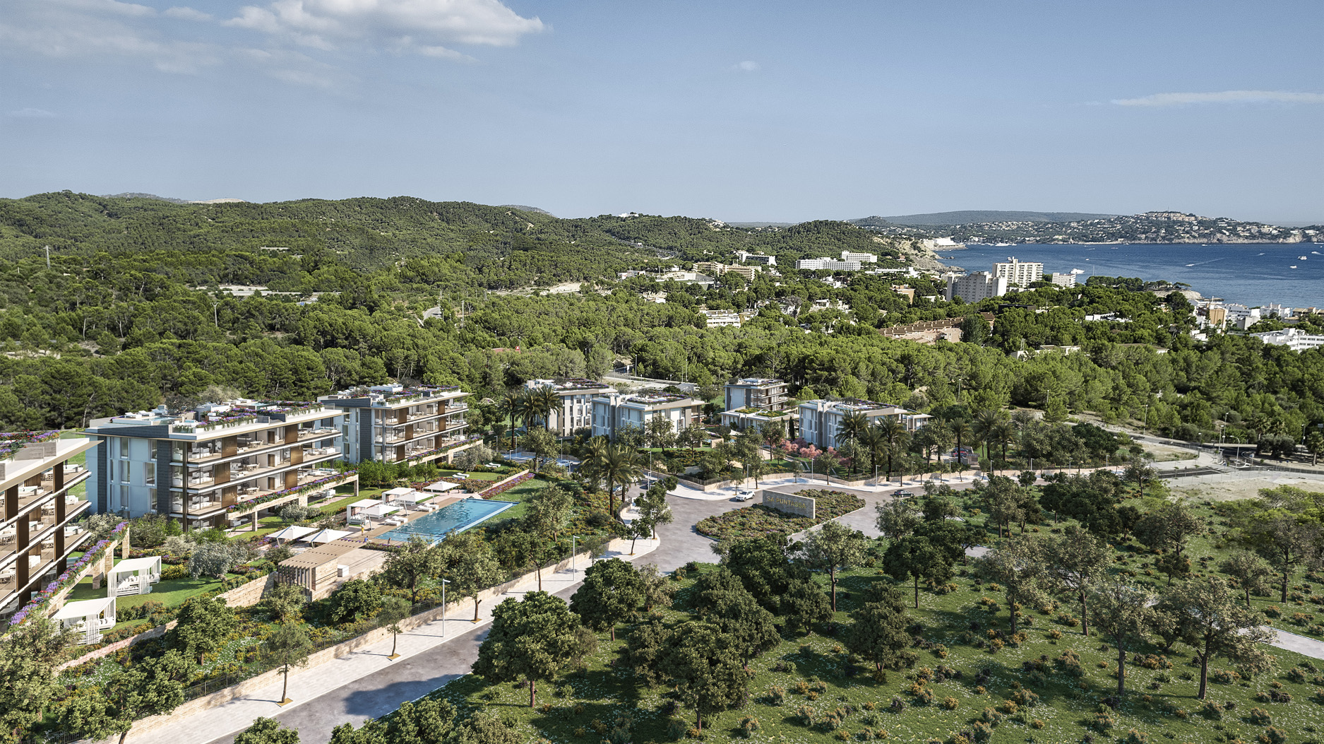 Aerial view of luxurious penthouses with rooftop terraces at Sa Puntassa Island, Mallorca