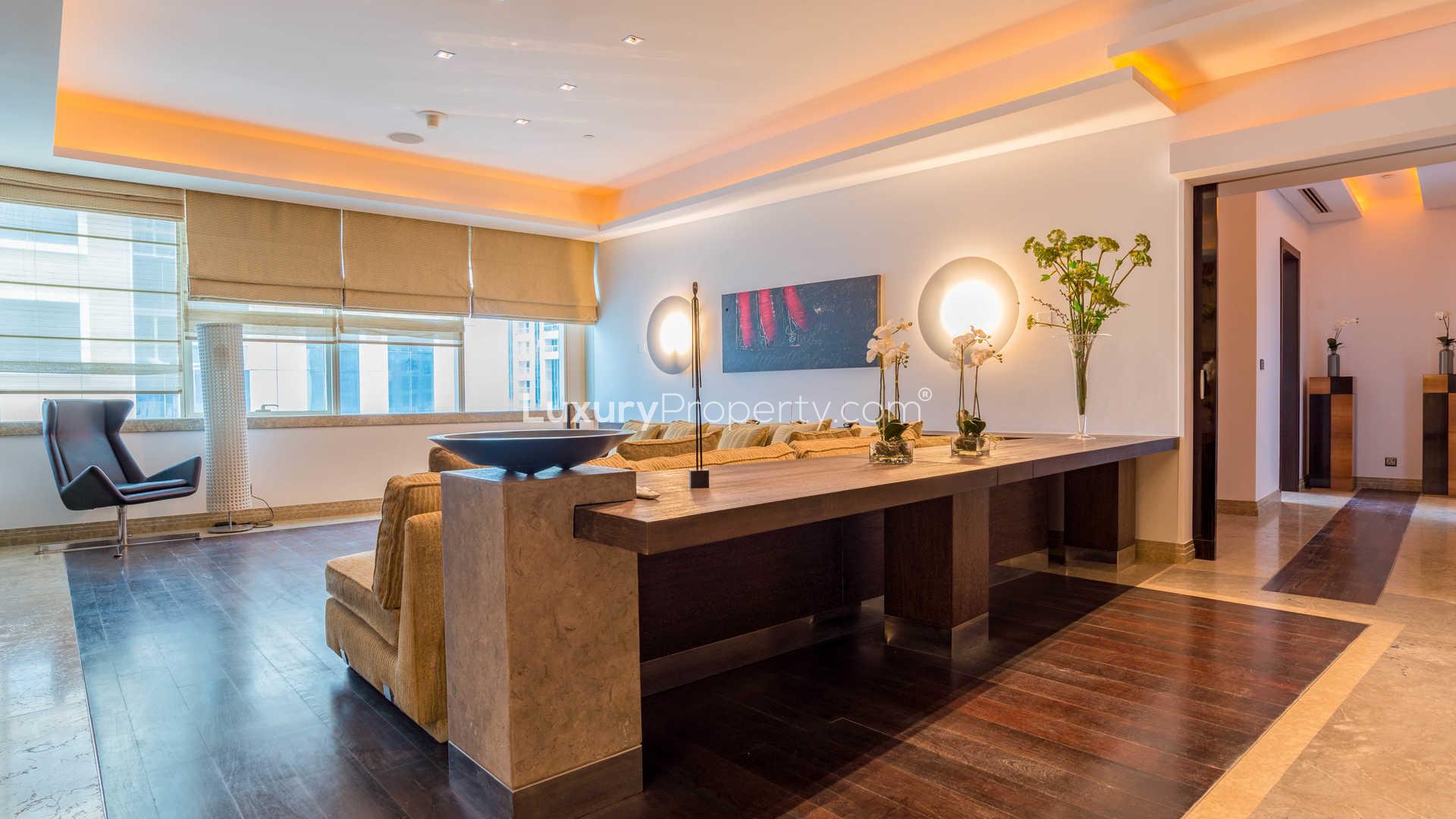 Lavish living room in four-bedroom penthouse at Le Reve, Dubai Marina for sale