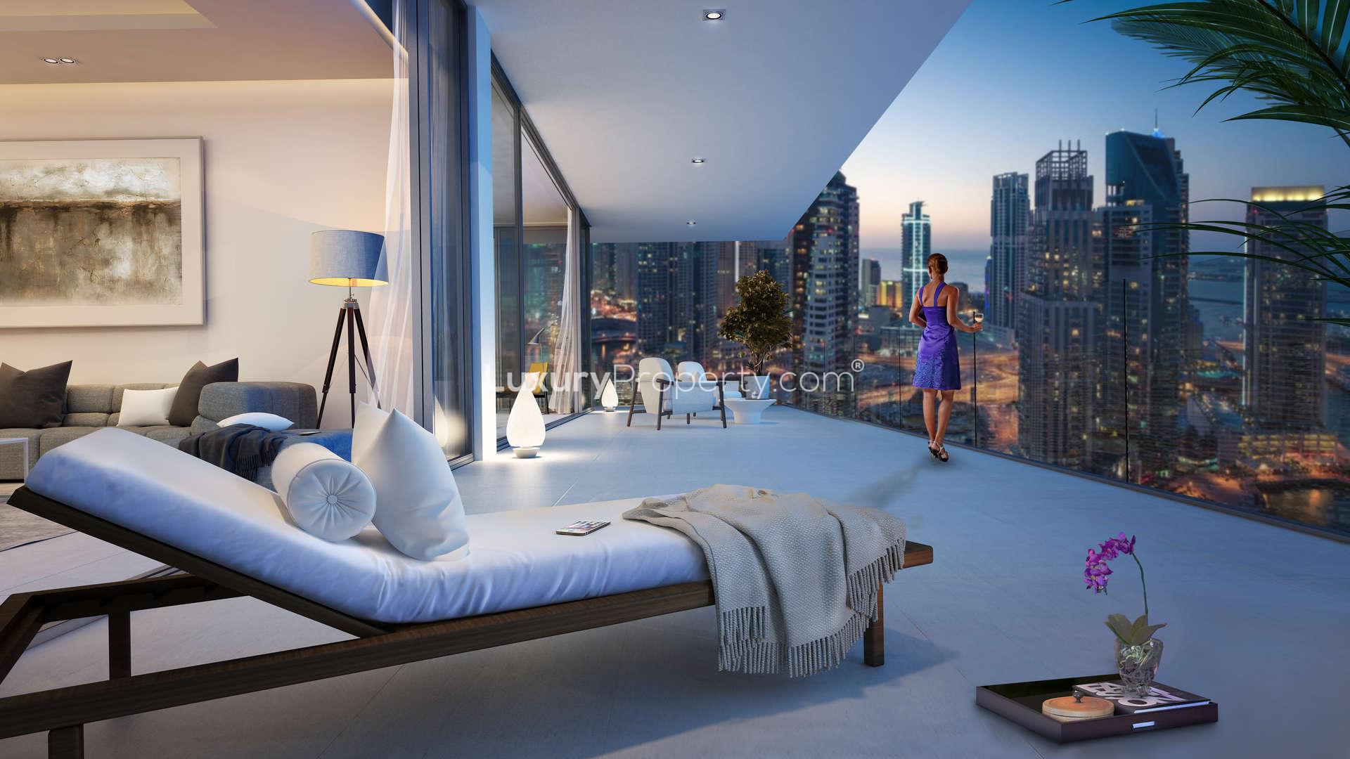 Luxurious LIV Residence penthouse terrace with stunning Dubai Marina views at sunset