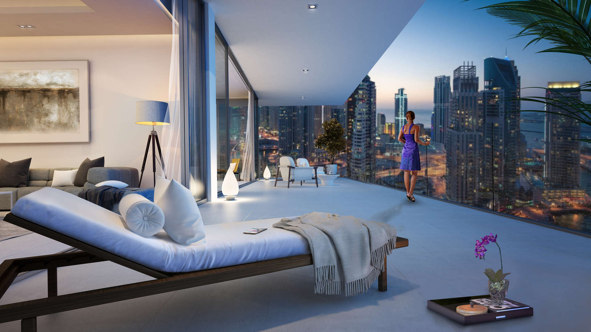 Luxurious LIV Residence penthouse terrace with stunning Dubai Marina views at sunset