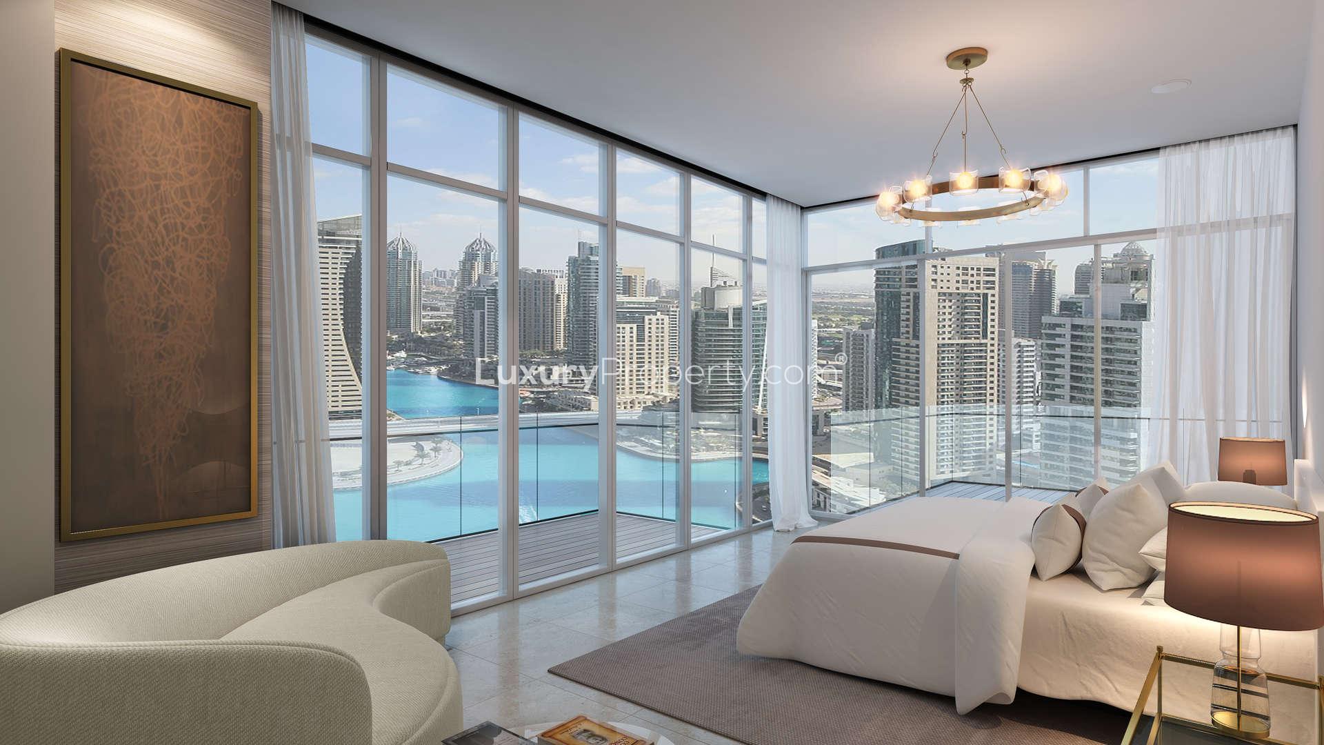 Luxurious penthouse bedroom with marina views at LIV Residence, Dubai Marina