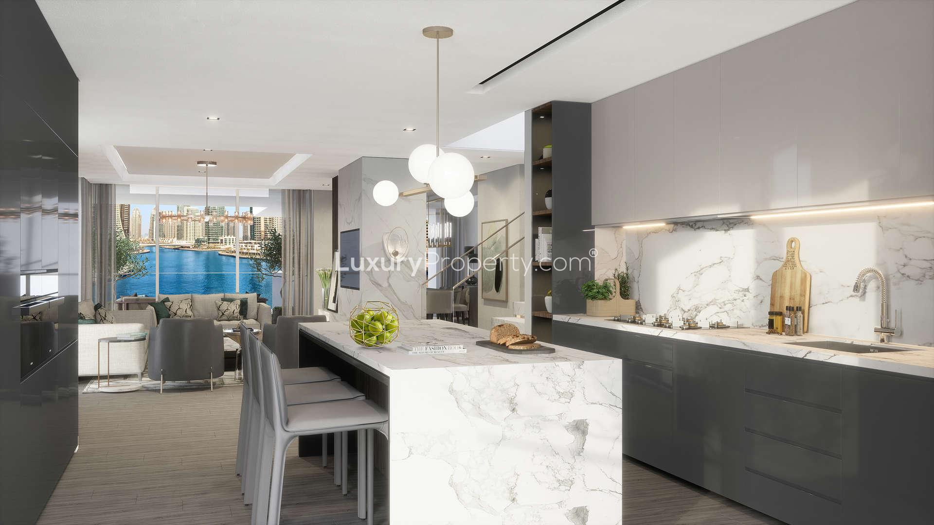 N/A,Luxurious kitchen and living area with marina views at LIV Residence, Dubai Marina penthouse