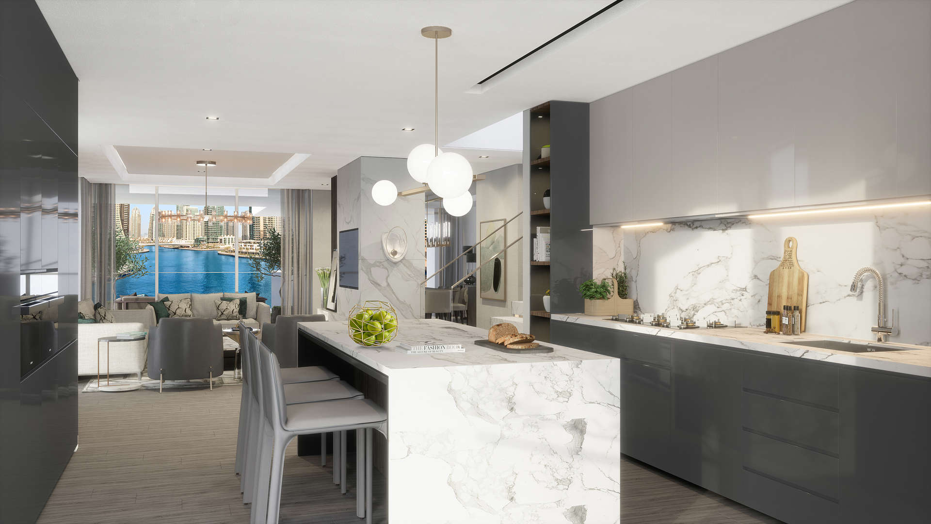 N/A,Luxurious kitchen and living area with marina views at LIV Residence, Dubai Marina penthouse