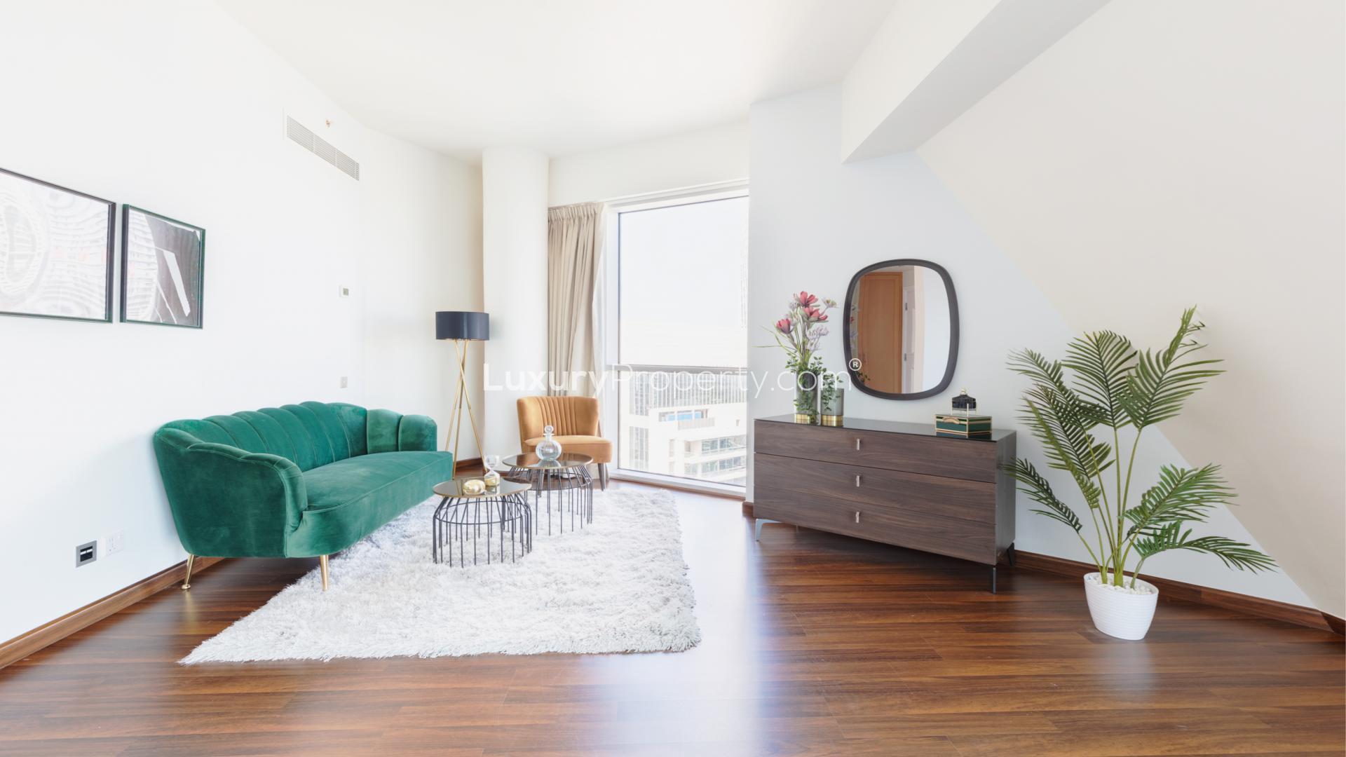 Luxurious living room in Marina Tower penthouse, Dubai Marina with cityscape view